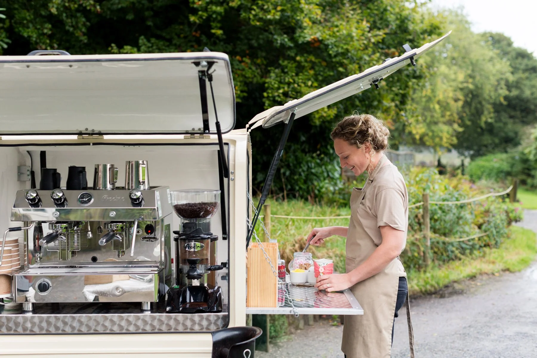 mobile coffee van personal brand portrait at work on location
