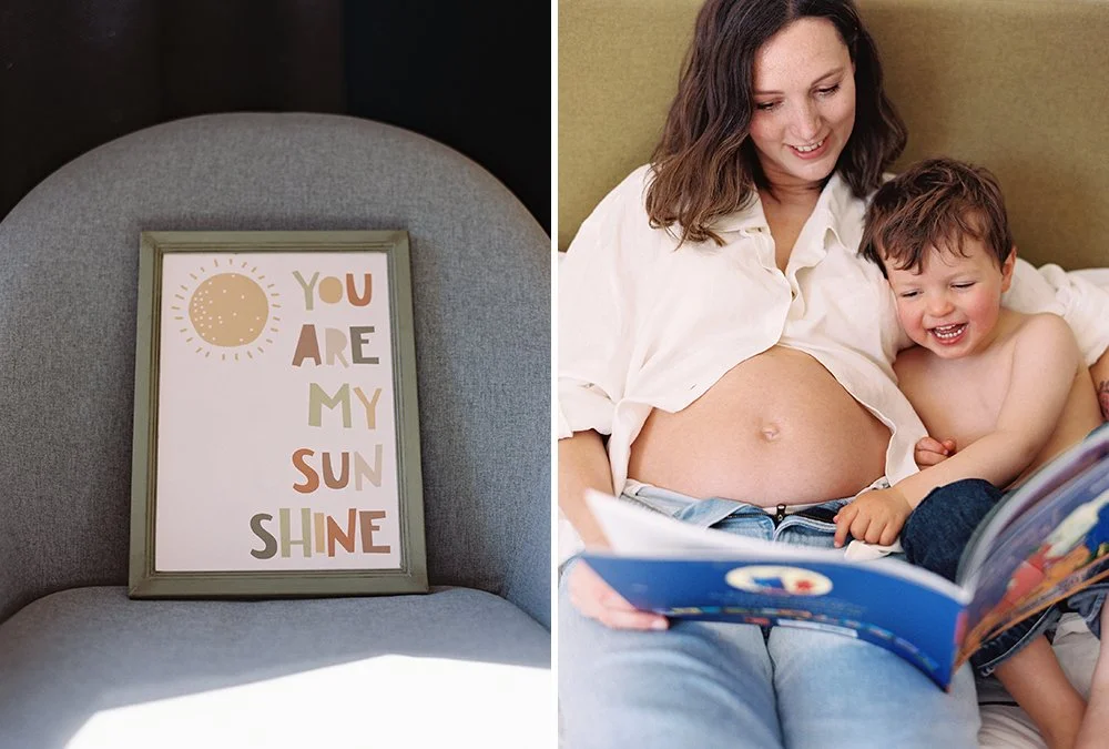 natural portrait of a Mum-to-be reading a book with her young son