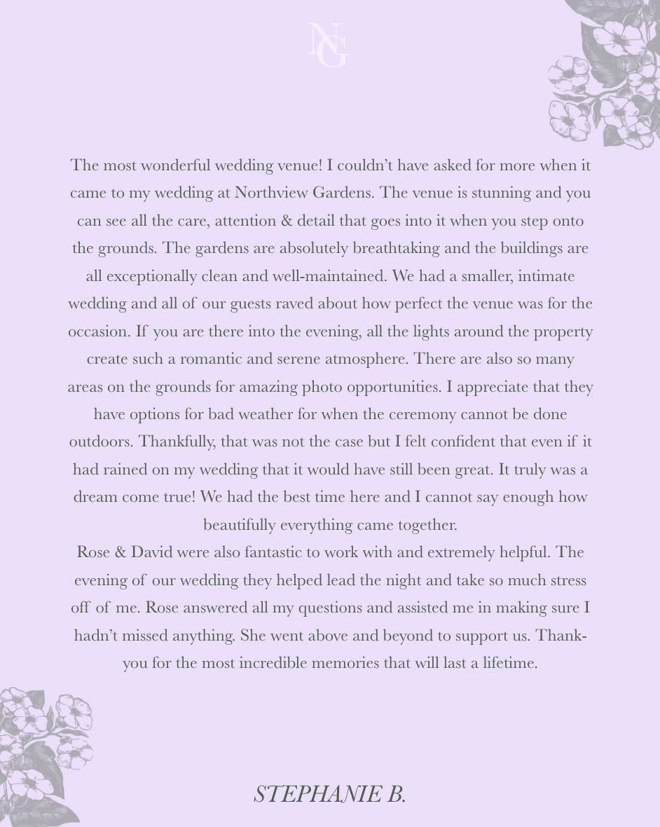 Thank you for your kind words 🌸🌹🌷

www.northviewgardens.ca

#GardenWedding #OutdoorWeddingVenue #BotanicalWedding #NatureNuptials #BlossomWedding #RomanticGardens #FloralAffair #EnchantedVenue #RusticCharmWedding #BloomingCeremony #GardenPartyWedd