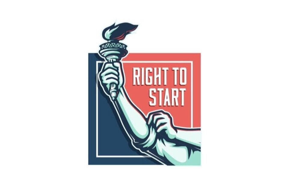 Illustration of the Statue of Liberty's arm holding a torch, with the text 'Right to Start' in a red rectangular box.