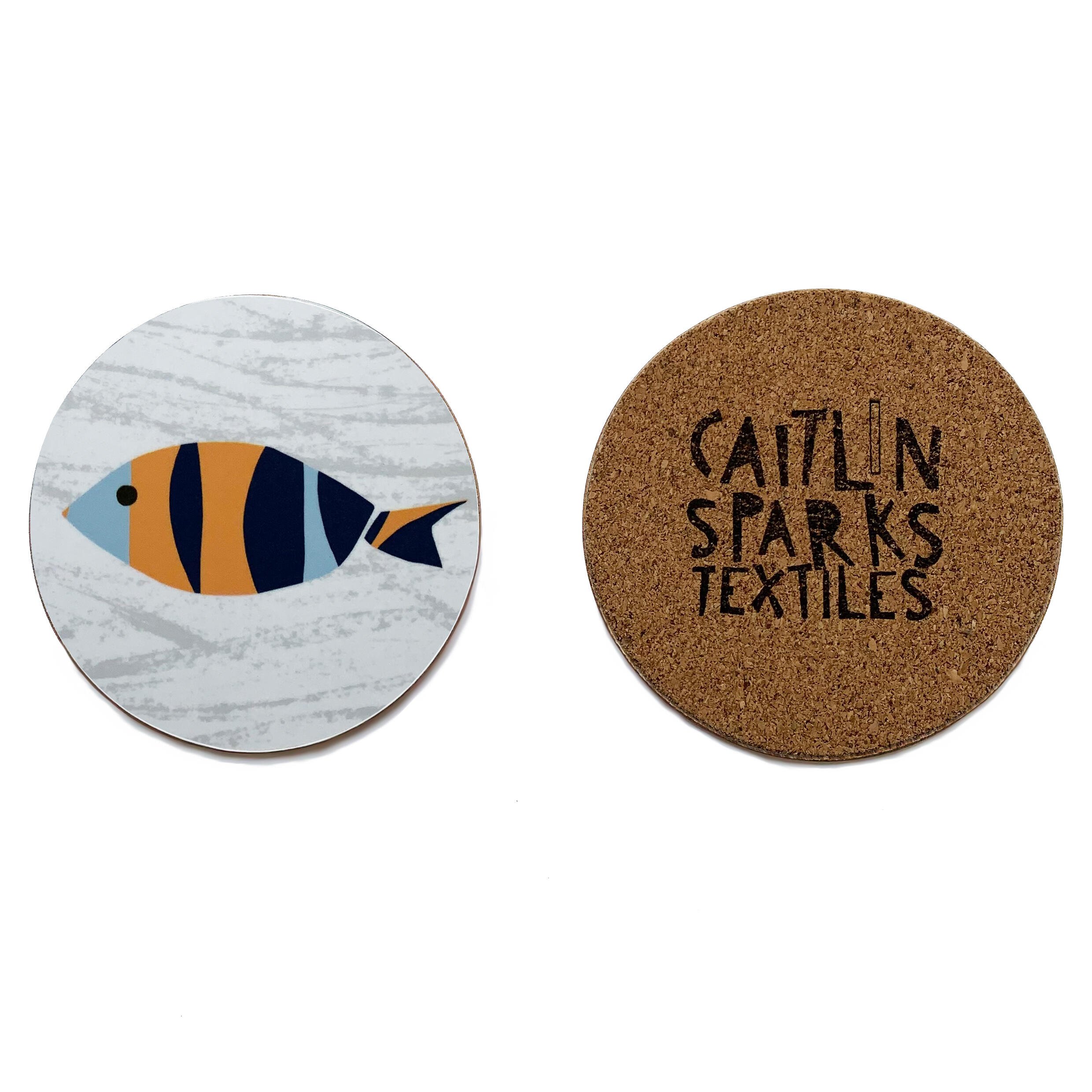 Individual melamine fish coaster with cork backing