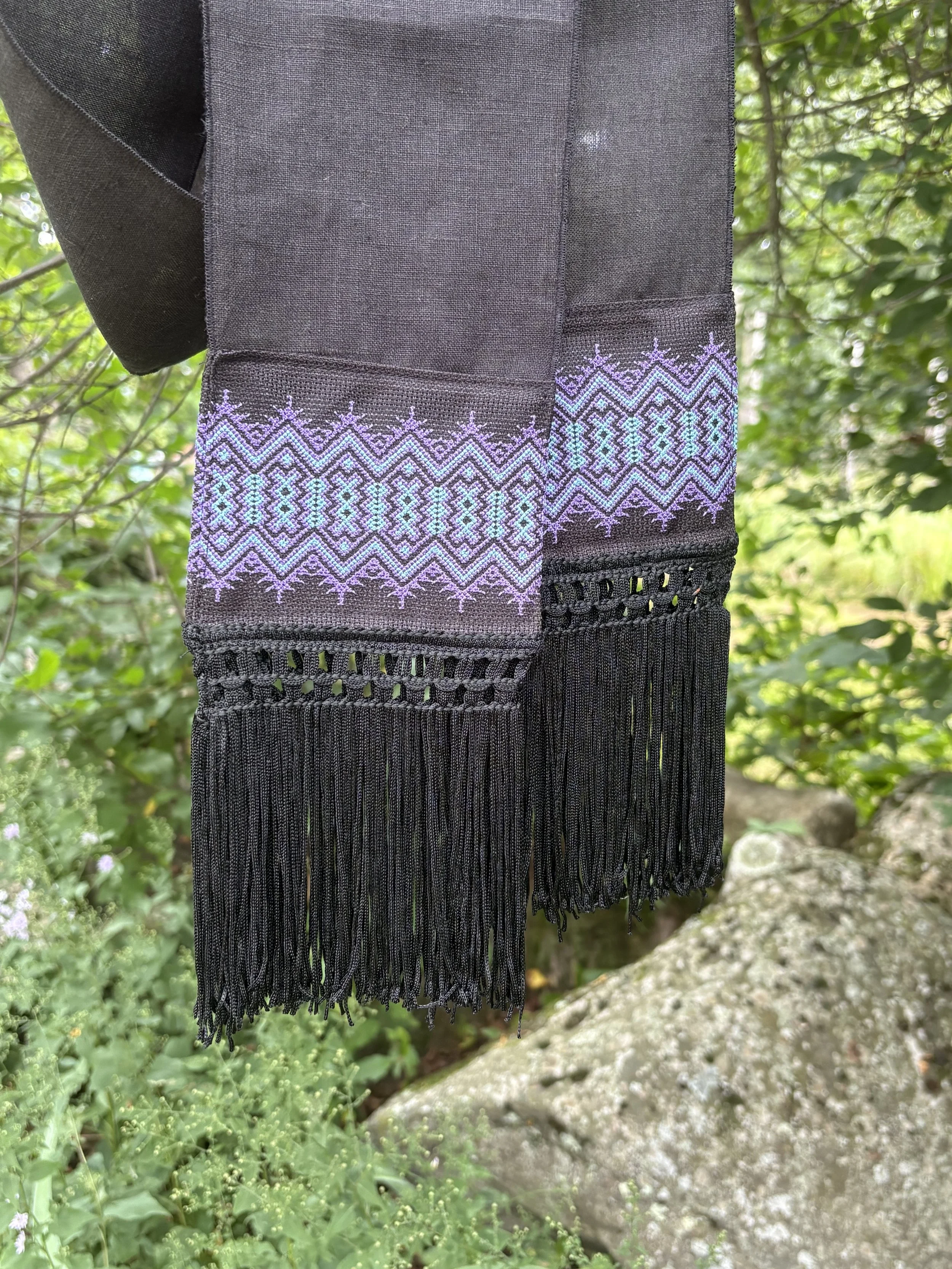 Sash - Black Linen with Purple and Blue Thai Cross Stitch Trim and Black Fringe