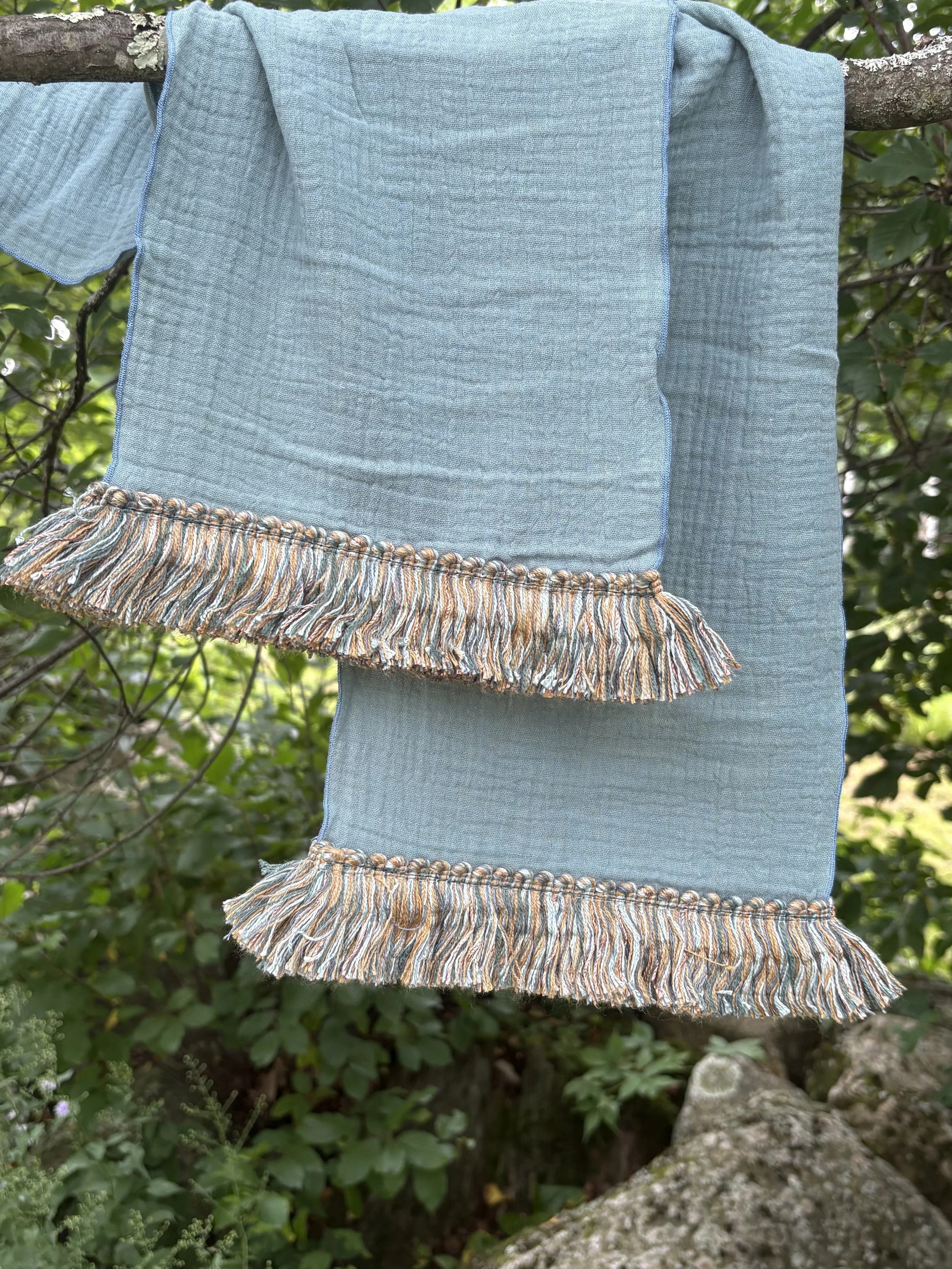 Sash - Light Blue with Light Blue and Tan Brush Fringe