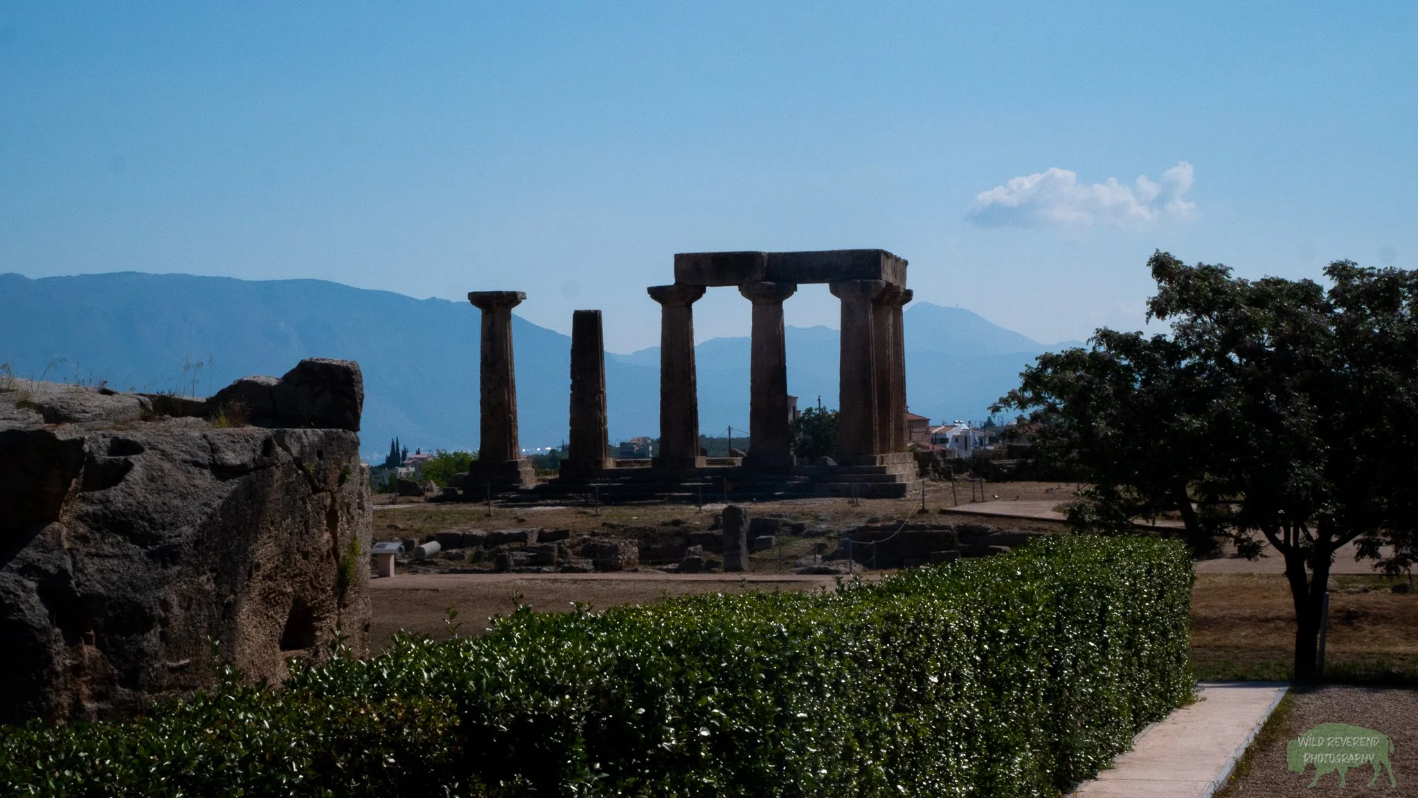 This is the temple dedicated to the Roman god Apollo in Corinth Greece. These pillars are all that remain.