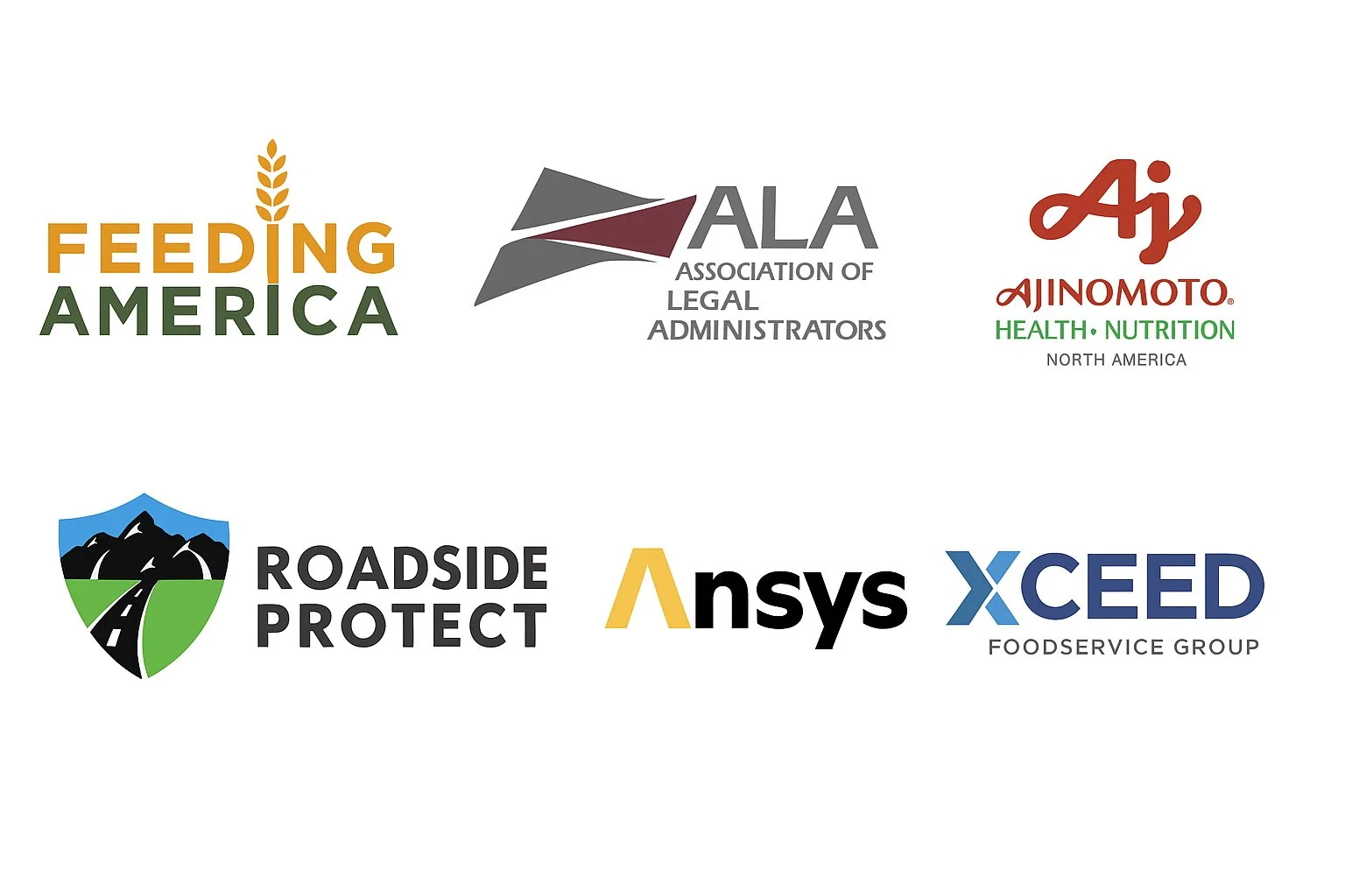 Corporate headshot clients of Chicago High-End Headshots, including Feeding America, Association of Legal Administrators, Ajinomoto Health & Nutrition, Roadside Protect, Ansys and Xceed Foodservice Group