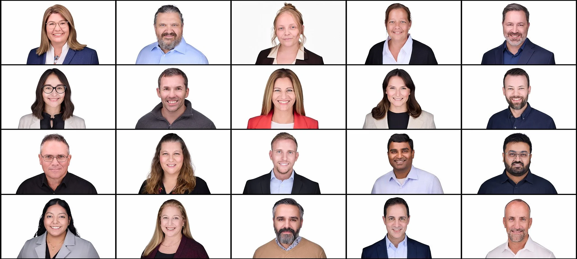 Corporate team headshots on a clean white background showing consistent, professional results across the entire team.