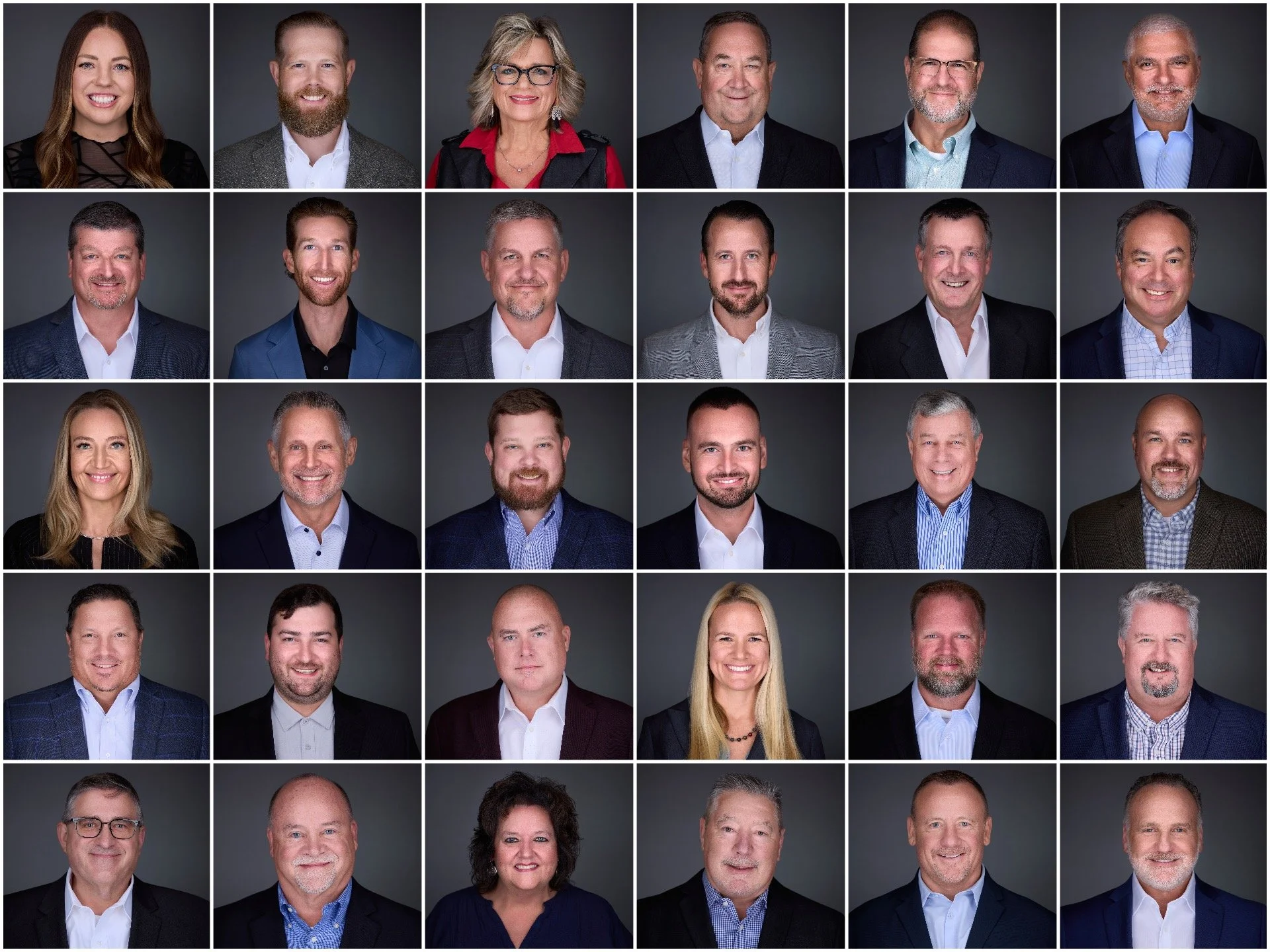 Corporate team headshots on a dark background showing consistent, professional results across the team.