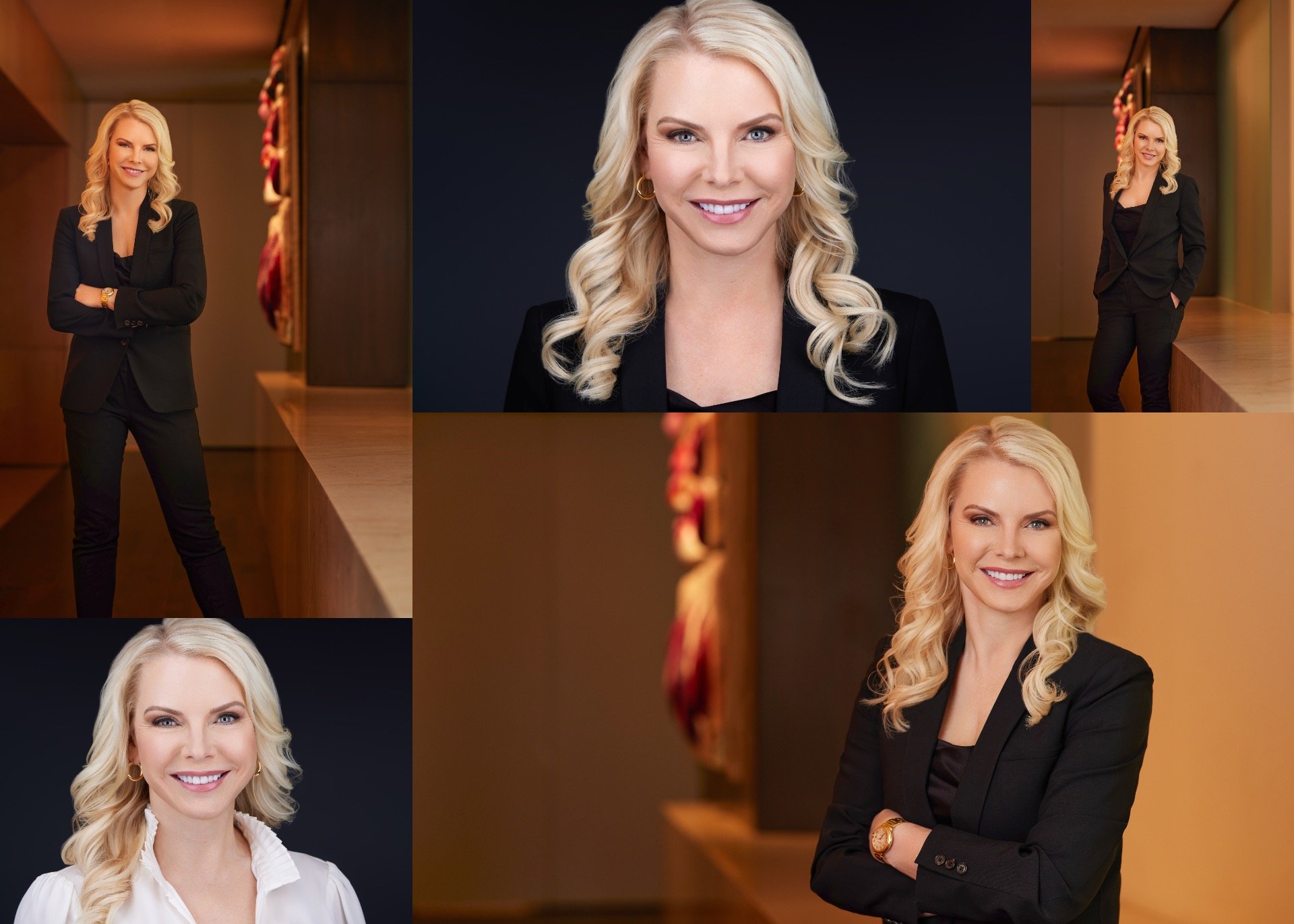 Professional woman in studio with three different outfit looks from branding session