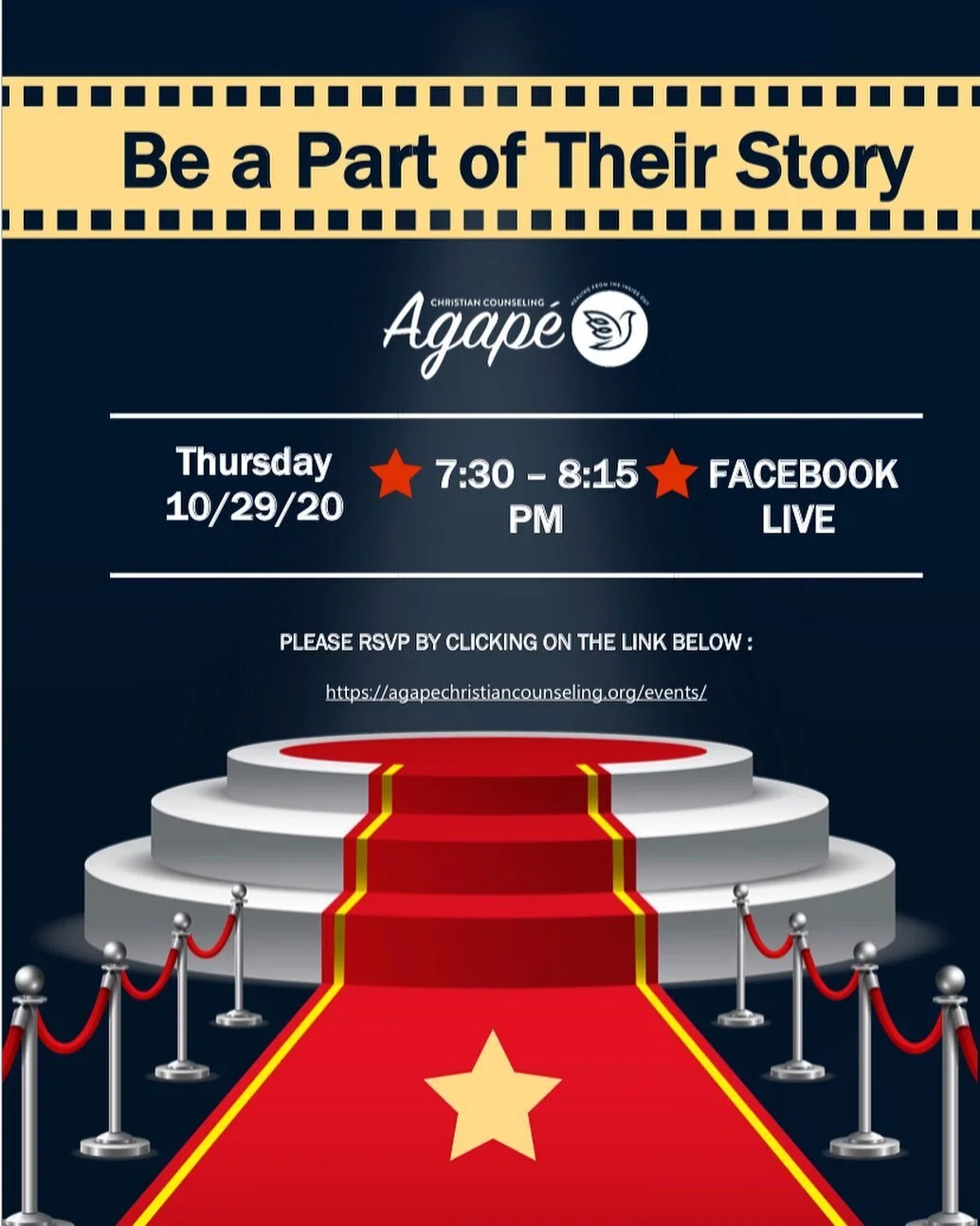 Agap&eacute; Christian Counseling is having it&rsquo;s annual fundraising event on October 29th from 7:30-8:15 pm. All funds donated go toward providing scholarships for Veterans, Human Trafficking Survivors, and those individuals, families, and coup