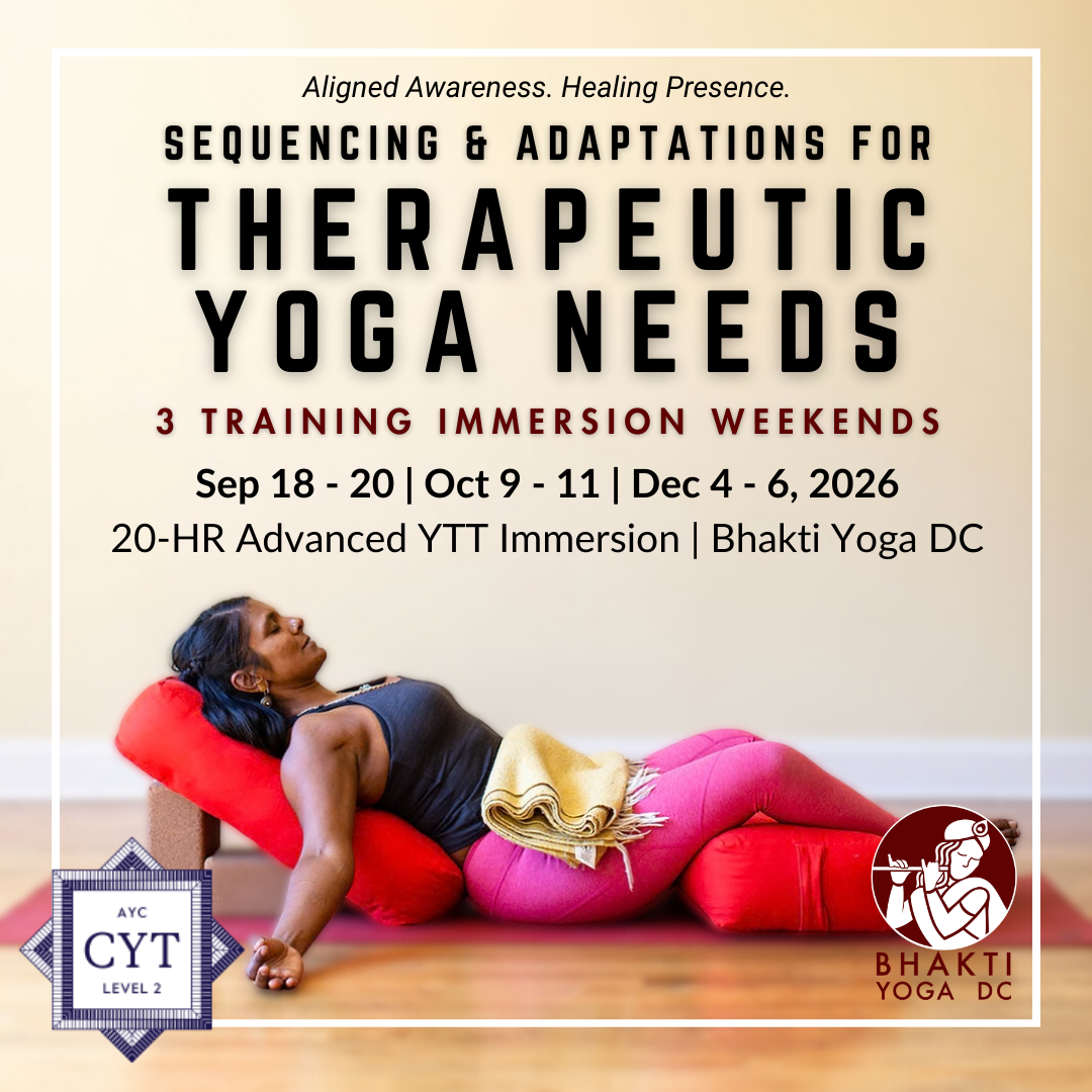 Image of woman lying on yoga props advertising Advanced 300-HR Yoga Teacher Training Sequencing and Adaptations for Therapeutic Yoga Needs training Immersion weekend.