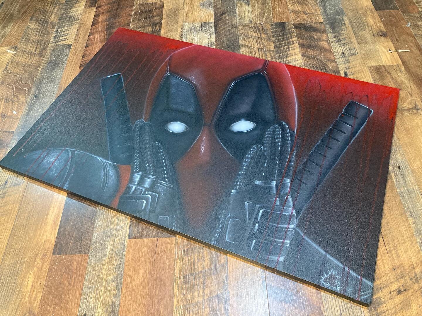 2x3 ft canvas deadpool painting. Turned out pretty cool! It is for sale if anyone is interested DM me. #deadpool #airbrushart #artwork  #customairbrushart #artwork #airbrush #iwata #ppg #kokendakustoms #custompaintjob #custompaint #airbrushing #airbr