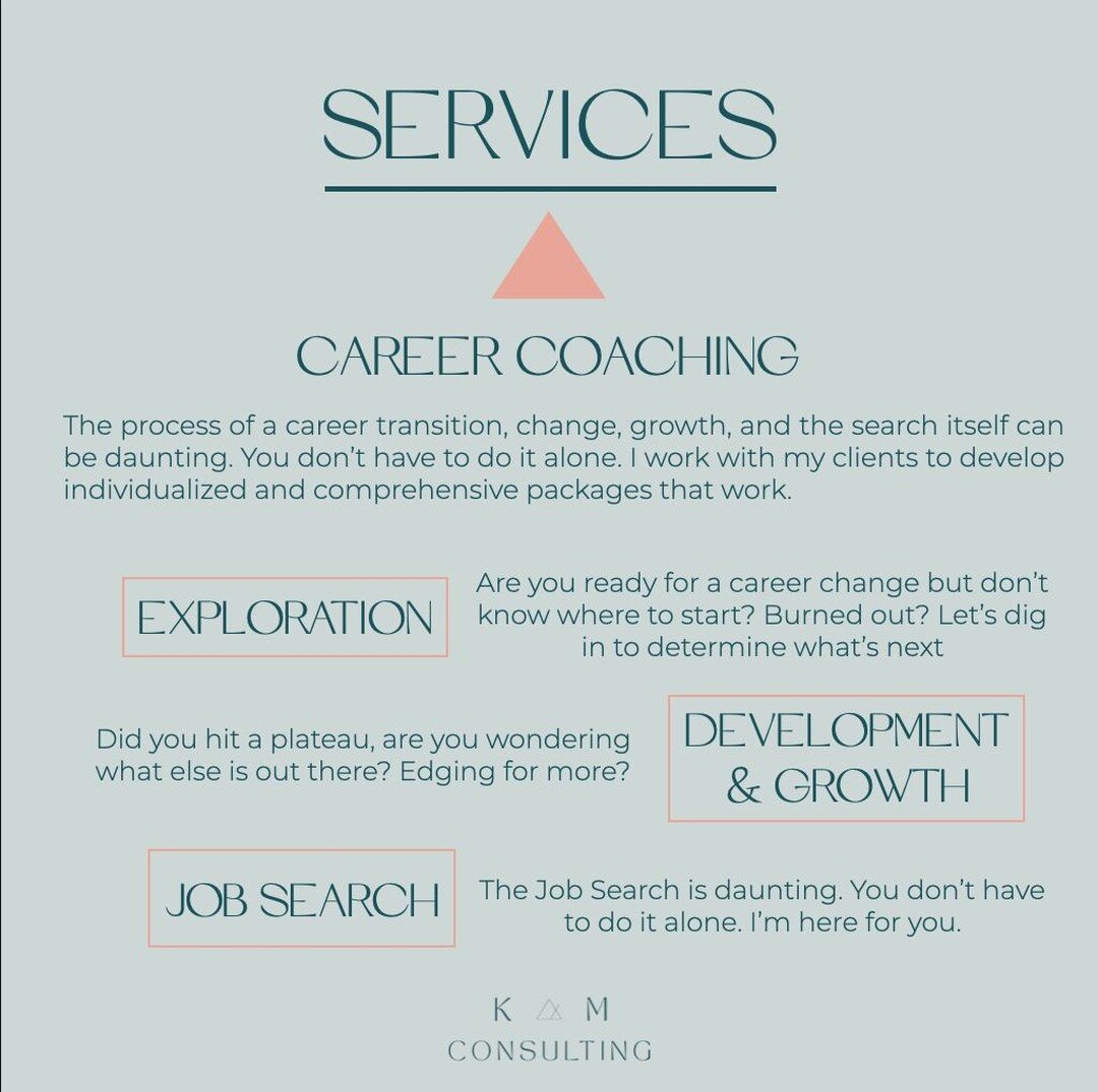 The process of a career transition, change, growth, and the search itself can be daunting. 

You don&rsquo;t have to do it alone. I work with my clients to develop individualized and comprehensive packages that work.

Learn More: https://katiemconsul