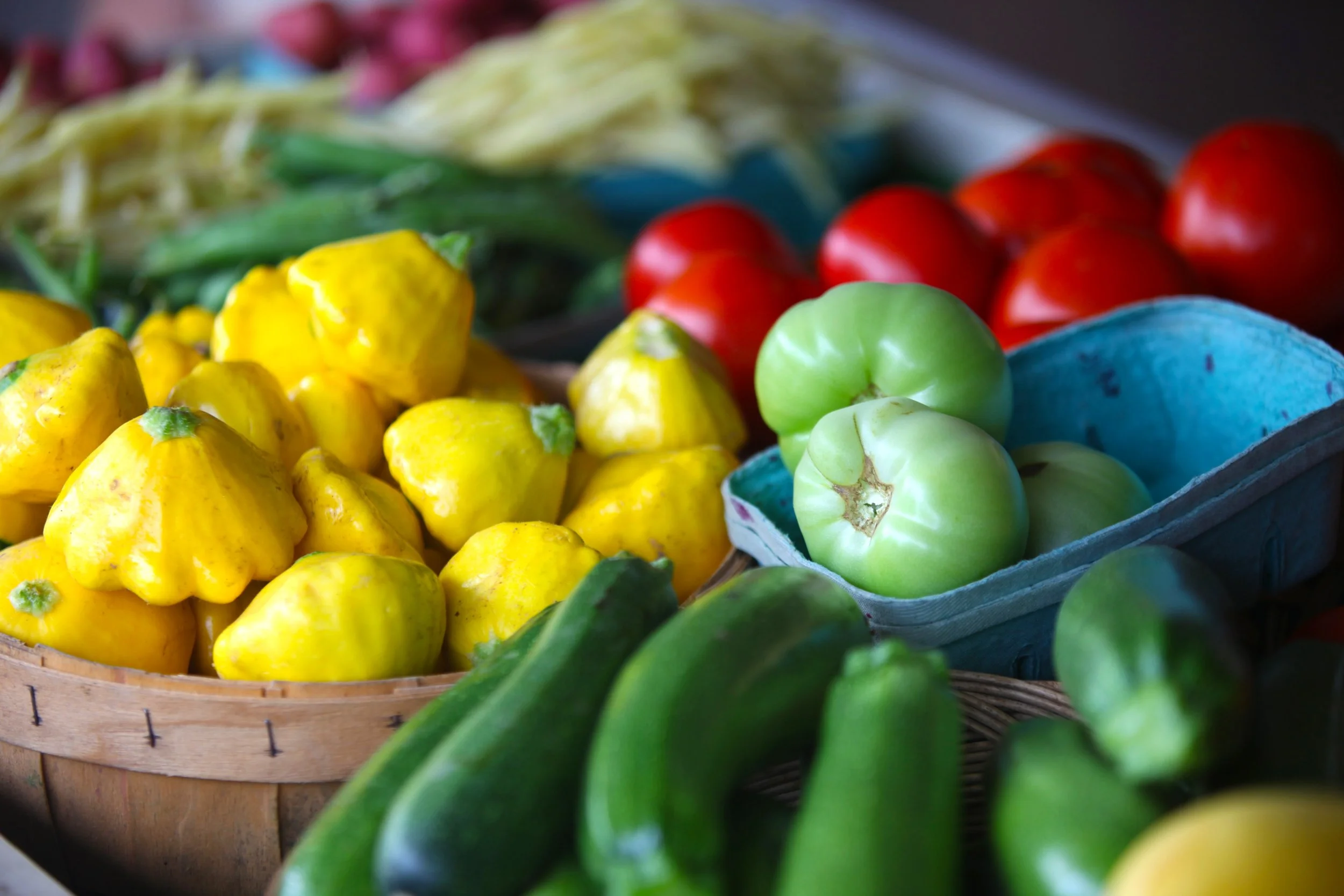Close-up of fruits and vegetables on a table.