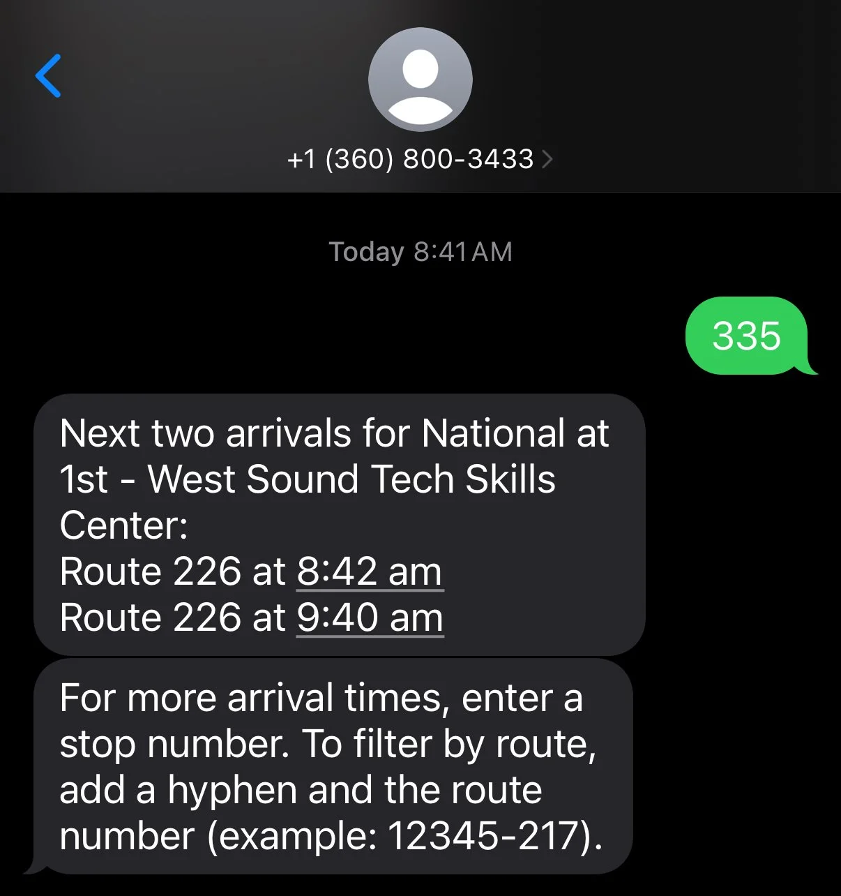 A screenshot of a cell phone text thread. The first message is "335." The second message is