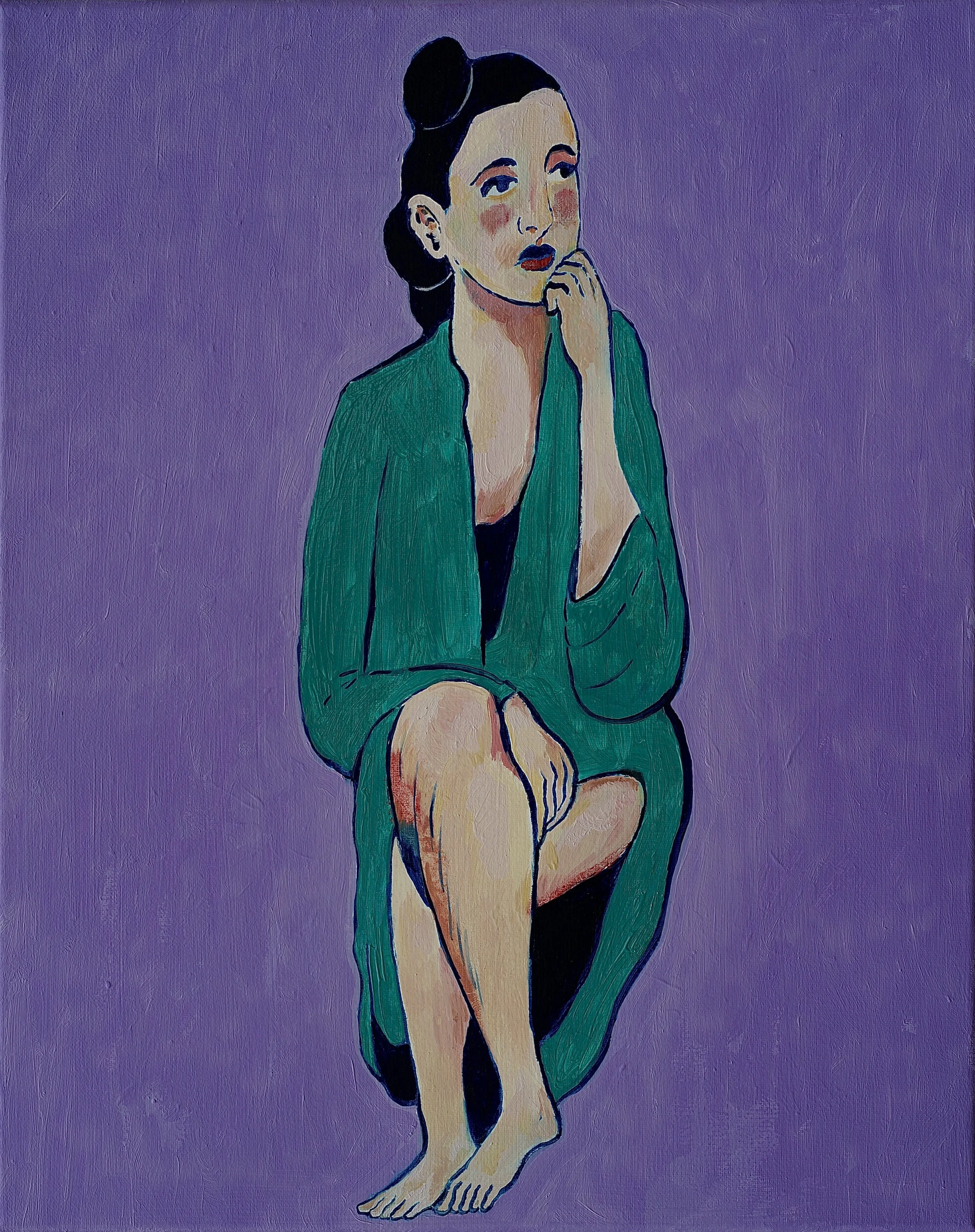 Seated Woman with Green House Coat,
oil on canvas,
2026
