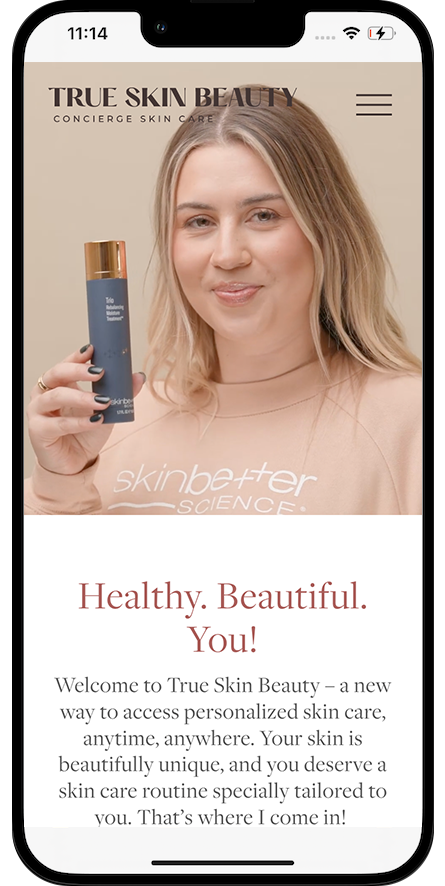 Screenshot of the True Skin Beauty website on a smartphone