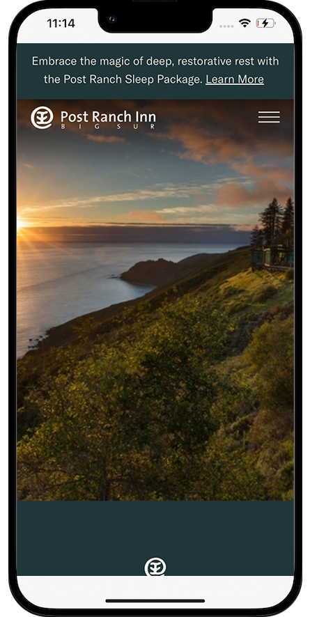 Screenshot of the Post Ranch Inn website on a smartphone