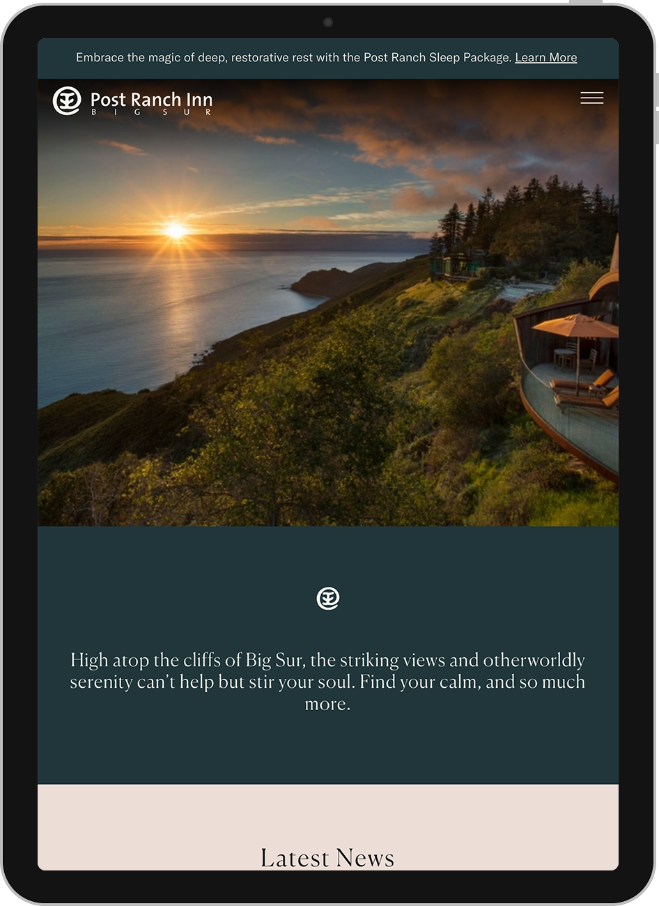 Screenshot of the Post Ranch Inn website on a tablet