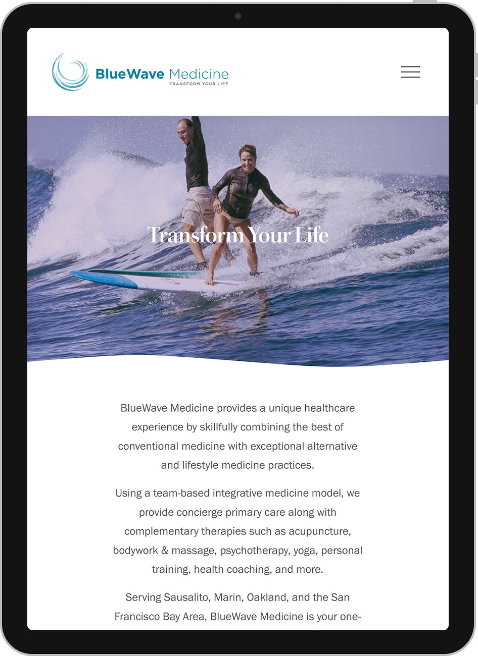 Screenshot of the BlueWave Medicine website on a tablet