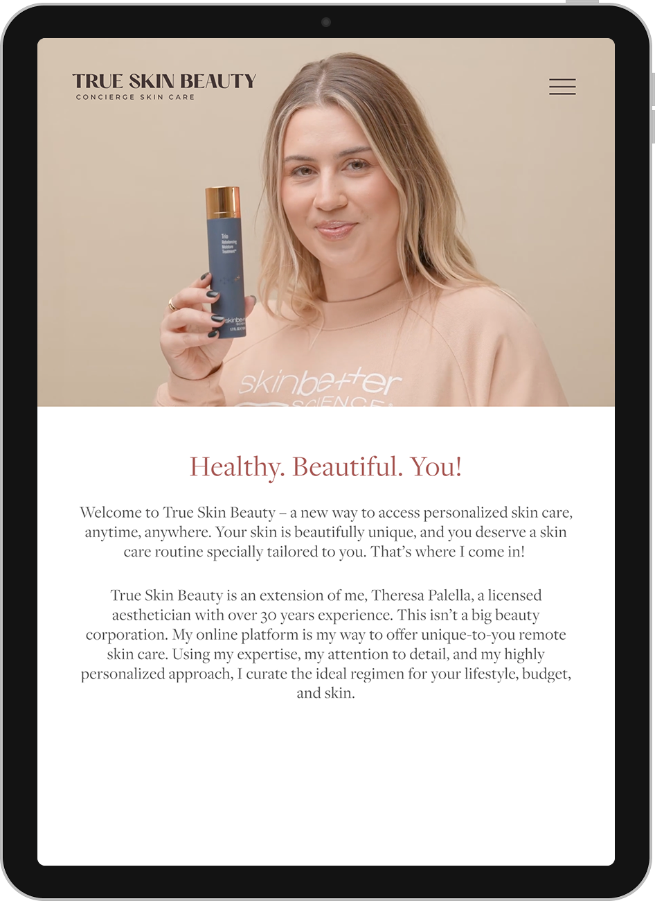 Screenshot of the True Skin Beauty website on a tablet