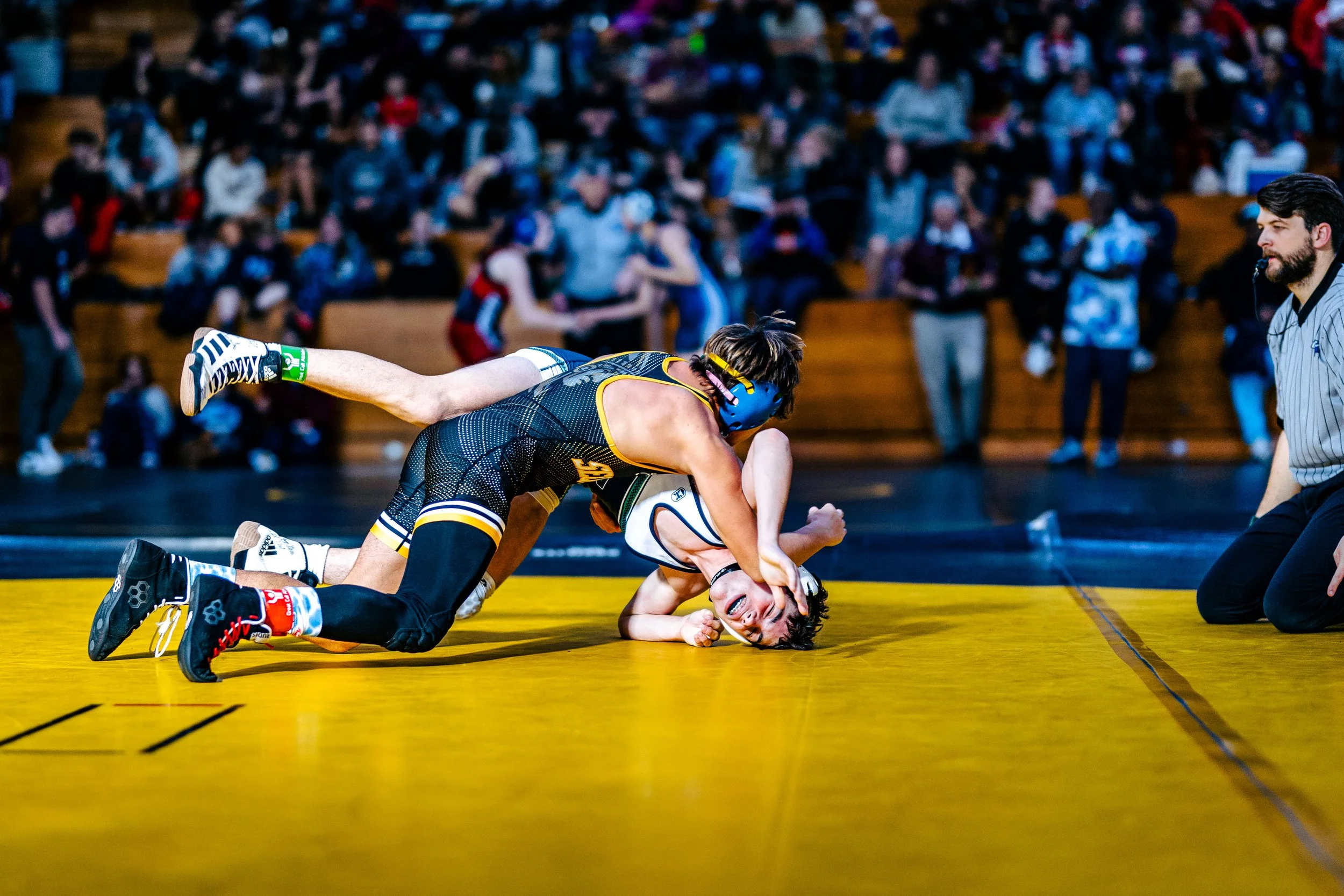 Wrestler in black and yellow singlet pinning an opponent in white during a match on a yellow mat with spectators watching in the background.