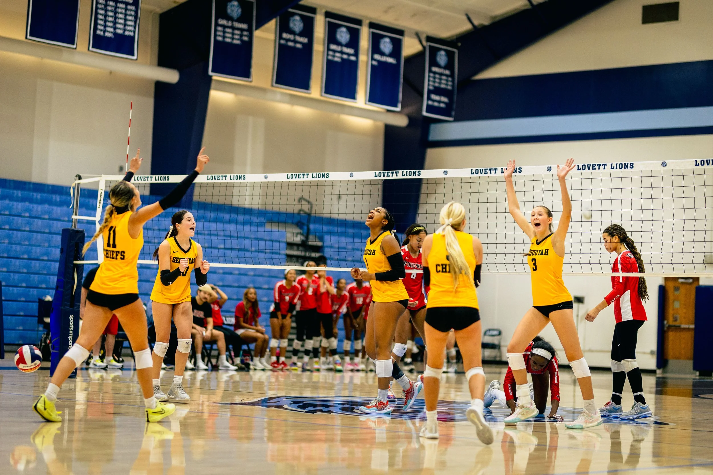 Women's volleyball match in progress inside a gymnasium, with players from two teams, one in yellow jerseys and the other in red, celebrating and reacting to the game near the net.