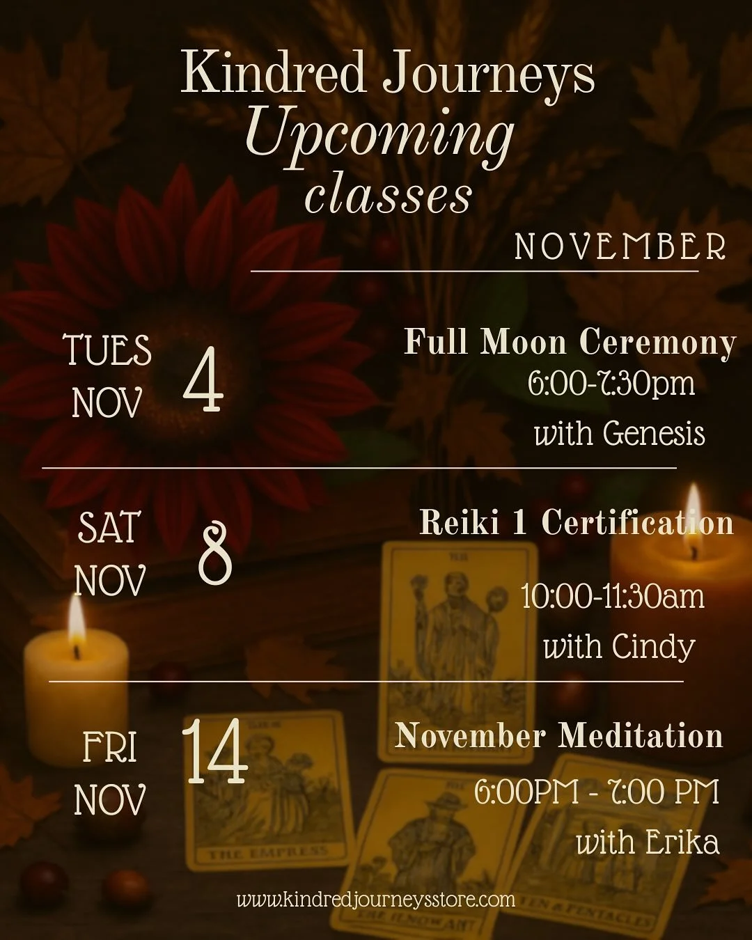 We are so excited to November’s magical line up!โจ๐ฏ๏ธ It’s the perfect time to get cozy and connect with your higher self. Whether it’s a full moon ceremony, diving into astrology, mediation or energy healing! Sign up for one or all
