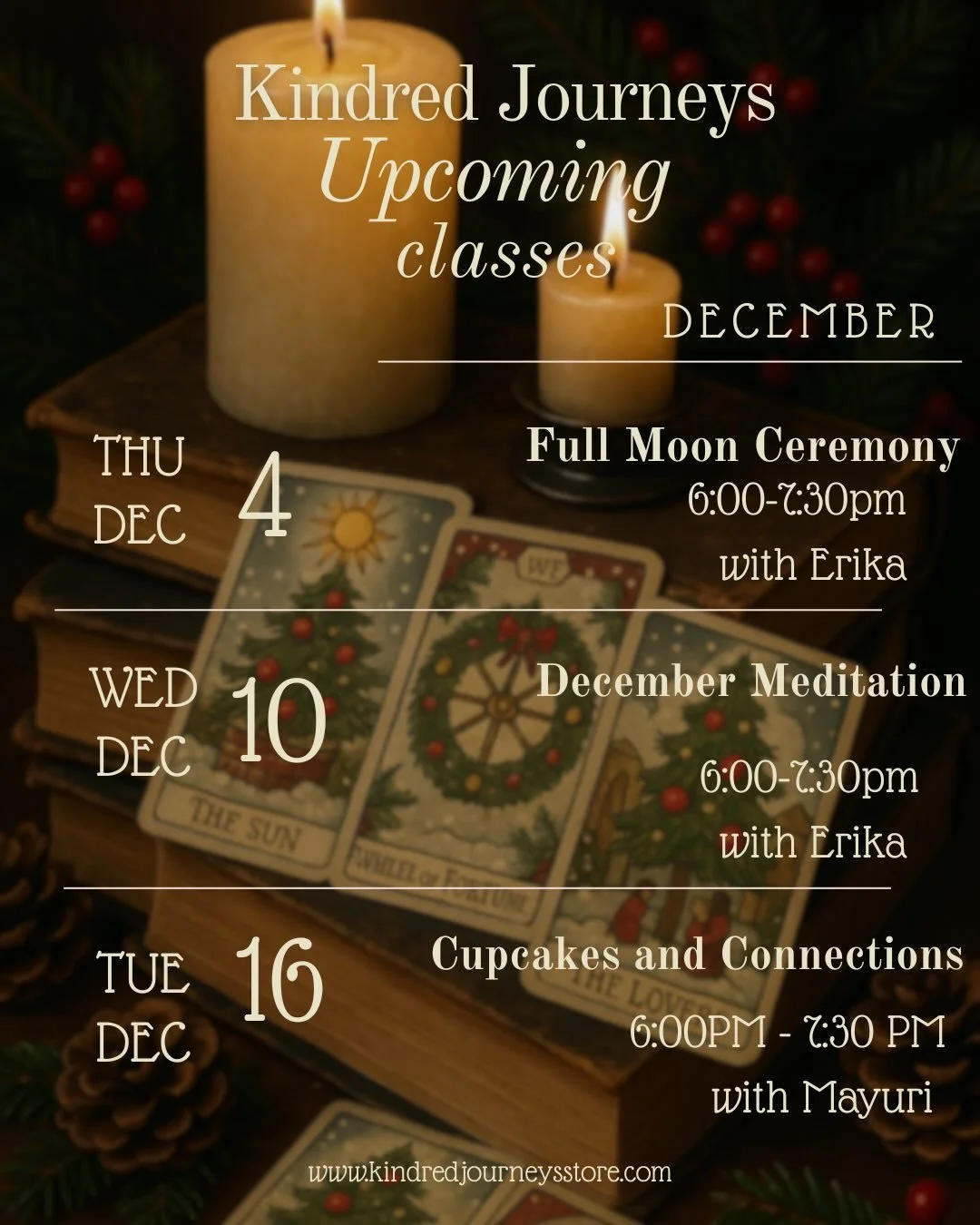 We are SO grateful for this December class line up. 🌲 With the rushing around of the holiday season and end of the year, we are happy to hold space and help you slow down and connect back to yourself and others!✨ Don&rsquo;t forget to give 760-721-2