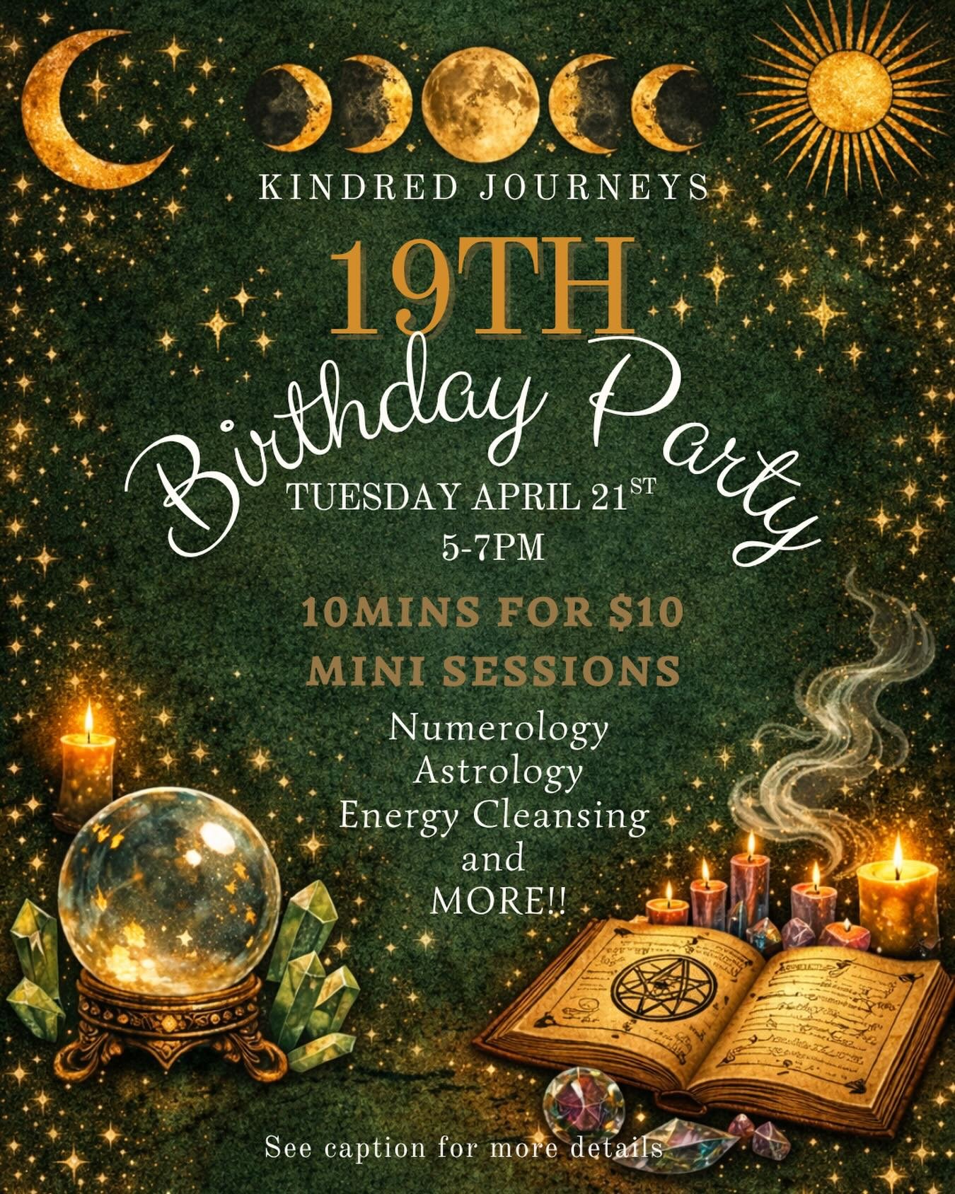 19 YEARS OF MAGIC&hellip; and we&rsquo;re celebrating BIG!!! 🔮✨

Join us for our 19th Birthday Party
🗓 Tuesday April 21 | ⏰ 5&ndash;7 PM

We&rsquo;re bringing the magic with:

💫 $10 for 10-minute sessions

🔢 Numerology (with Pam)
🌙 Astrology Out