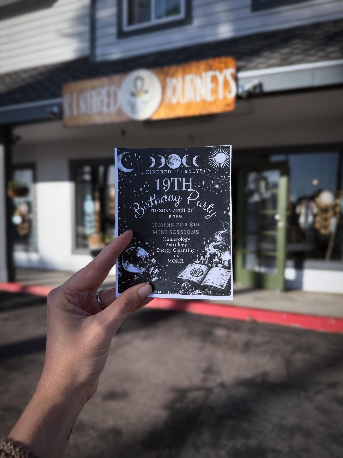 We&rsquo;re less than a week away!!!🎉We&rsquo;re so excited about our 19th Birthday Party!!🎉
 Tuesday April 21 |  5&ndash;7 PM

 $10 for 10-minute sessions!!! 
 🔢Numerology (with Pam)
 🪐Astrology Outlooks (with Cindy)
 ✨Energy Impression Clearing