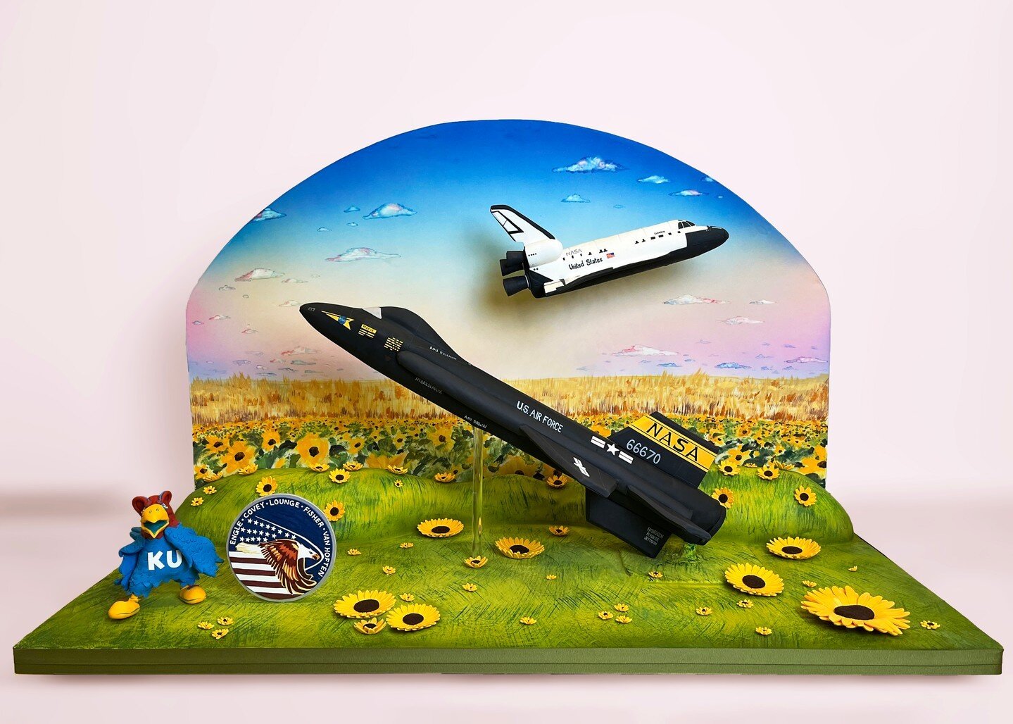 This cake was such a fun challenge for us! Complete with sculpted gumpaste space shuttle, KU mascot, and sunflowers. All of the cake for this display is in the body of the plane and the grassy hill. 
The background is airbrushed, and hand painted, wh