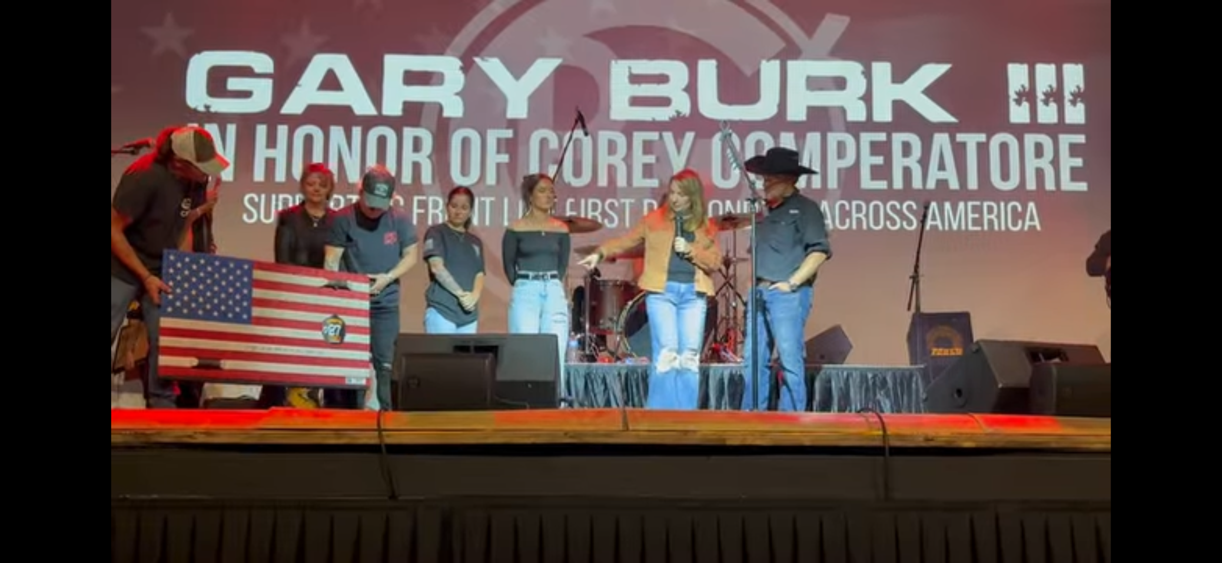 Helen, Kaylee and Allyson Comperatore presenting Gary Burk III with the Comperatore Series #6 flag in PA.
