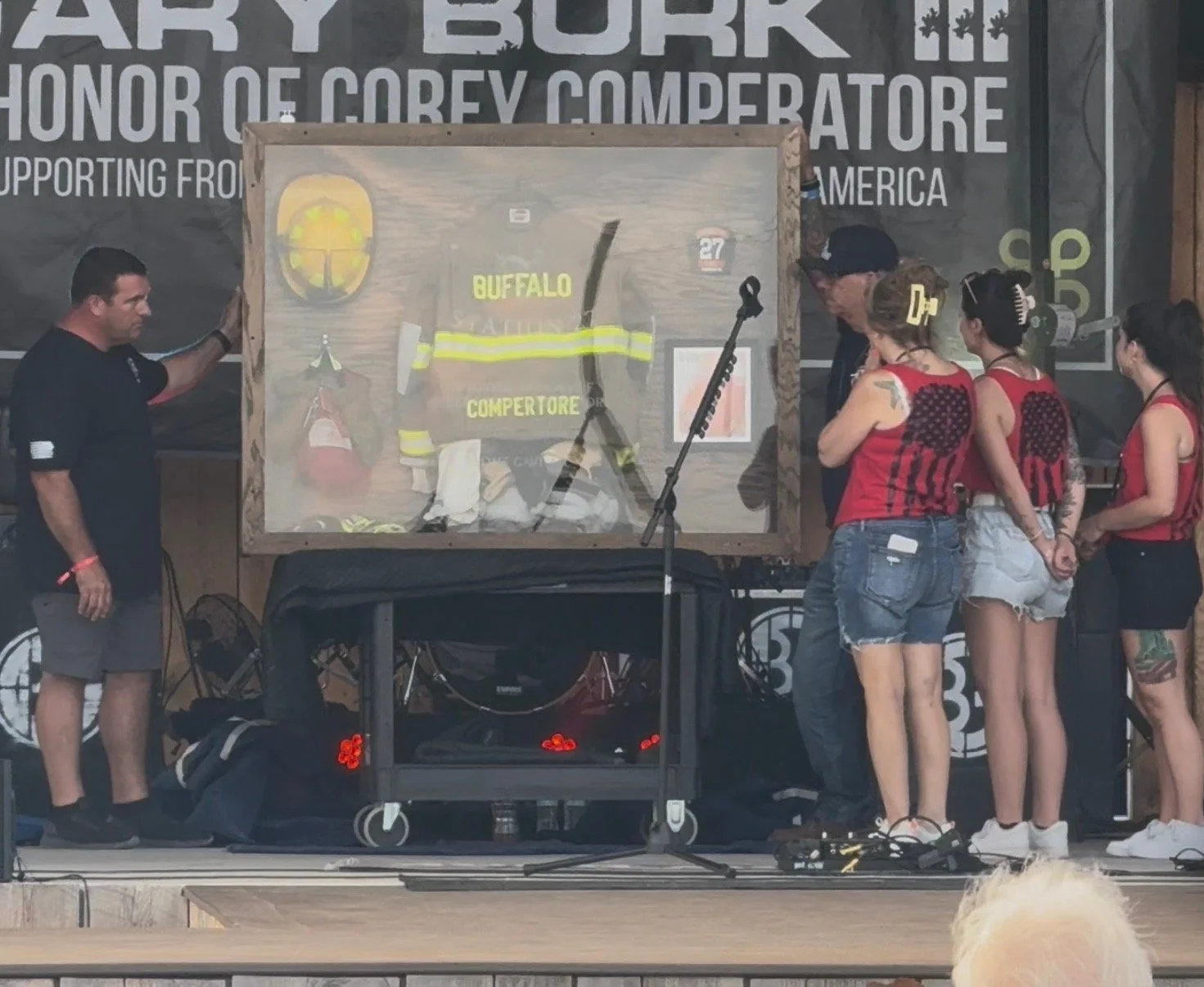 Custom fire gear display case from BDC - unveiled at the memorial on 7/12/25 - presented to Helen, Kaylee, Allyson Comperatore and Buffalo Twp Volunteer Fire Company