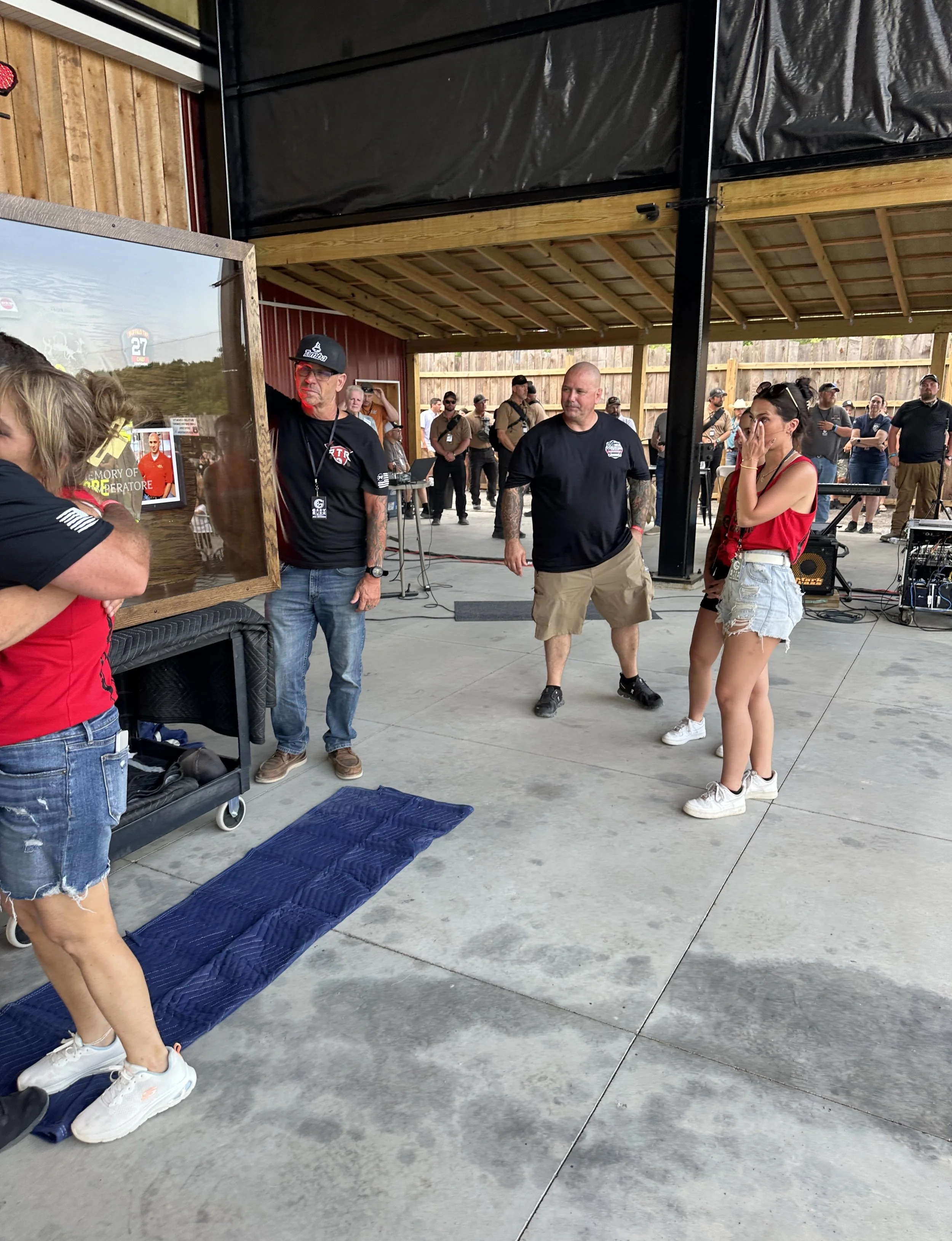 Custom fire gear display case from BDC - unveiled at the memorial on 7/12/25 - presented to Helen, Kaylee, Allyson Comperatore and Buffalo Twp Volunteer Fire Company