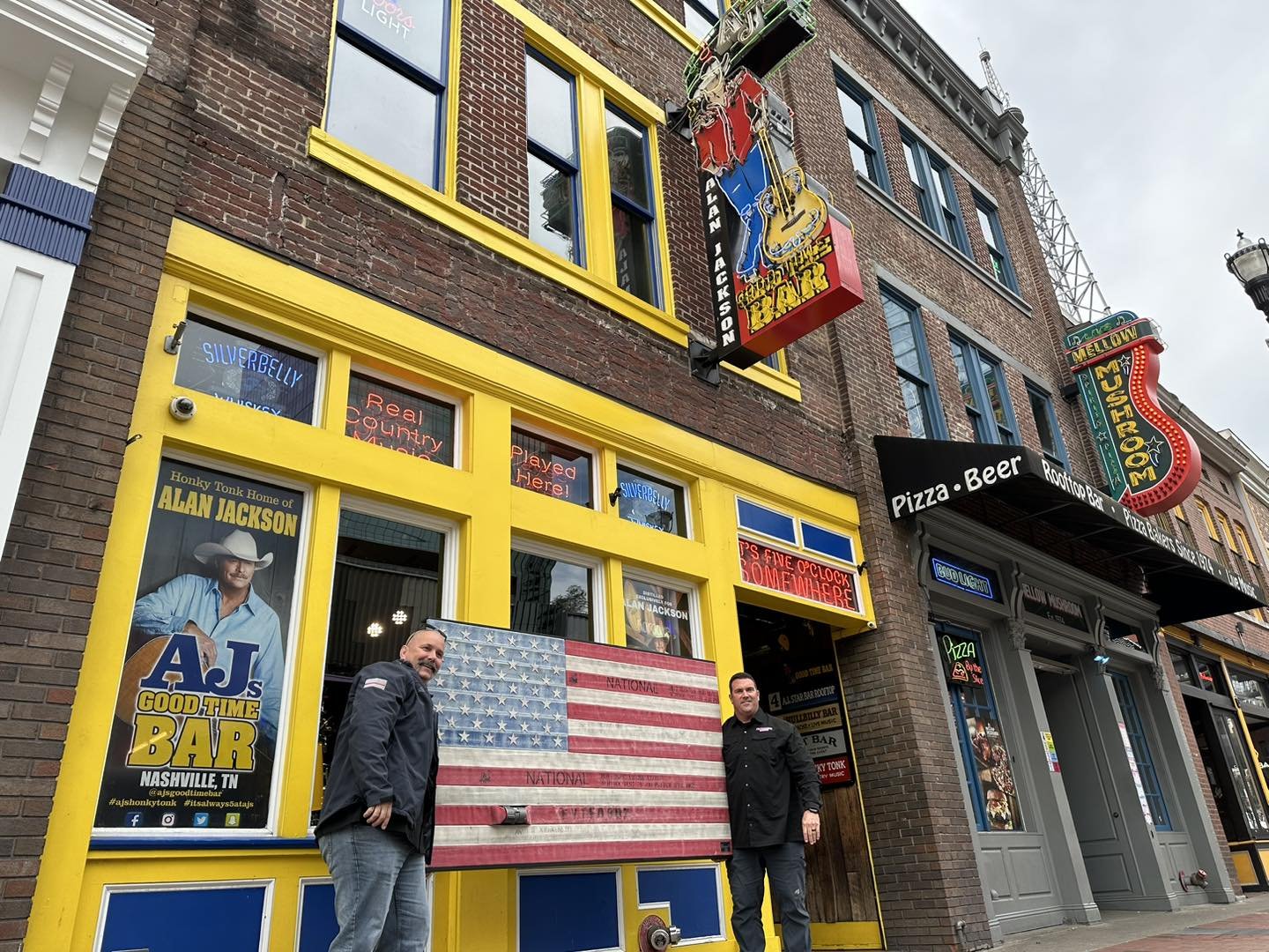 Brotherhood Designs is happy to announce that we delivered the FIRST Outdoor Rustic &ldquo;Engine Series&rdquo; retired fire hose American Flag 🇺🇸 to AJ's Good Time Bar in Nashville, TN this morning!  AJ&rsquo;s now makes the 5th stop on the #Nashv