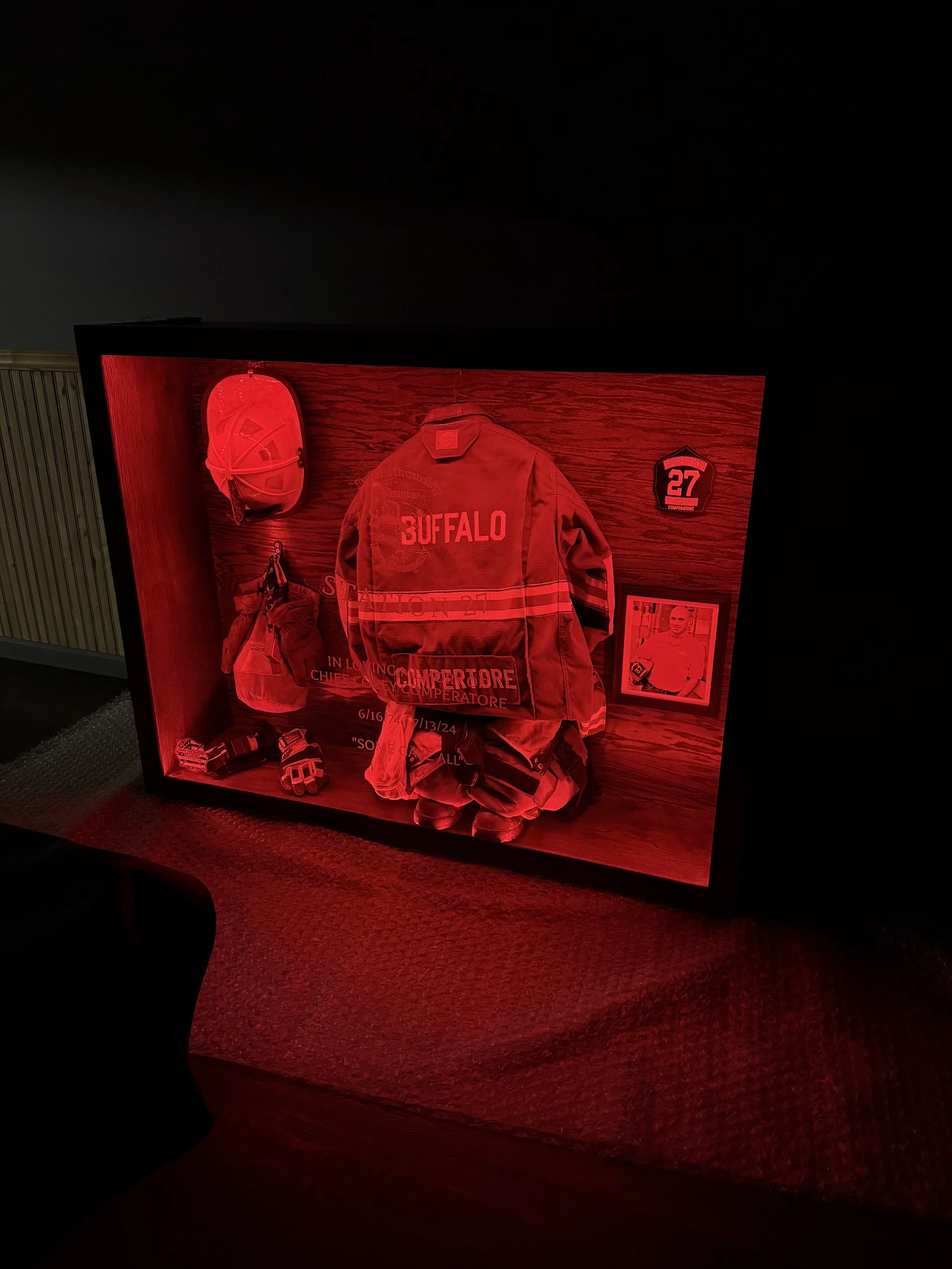 Custom fire gear display case from BDC - delivered to BTVFC fire house Station 27 where Corey's gear will forever be on display!