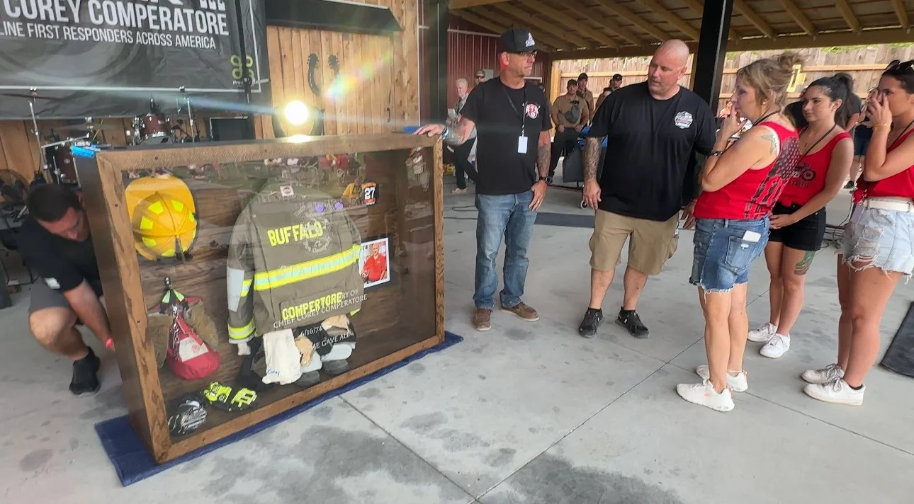 Custom fire gear display case from BDC - unveiled at the memorial on 7/12/25 - presented to Helen, Kaylee, Allyson Comperatore and Buffalo Twp Volunteer Fire Company