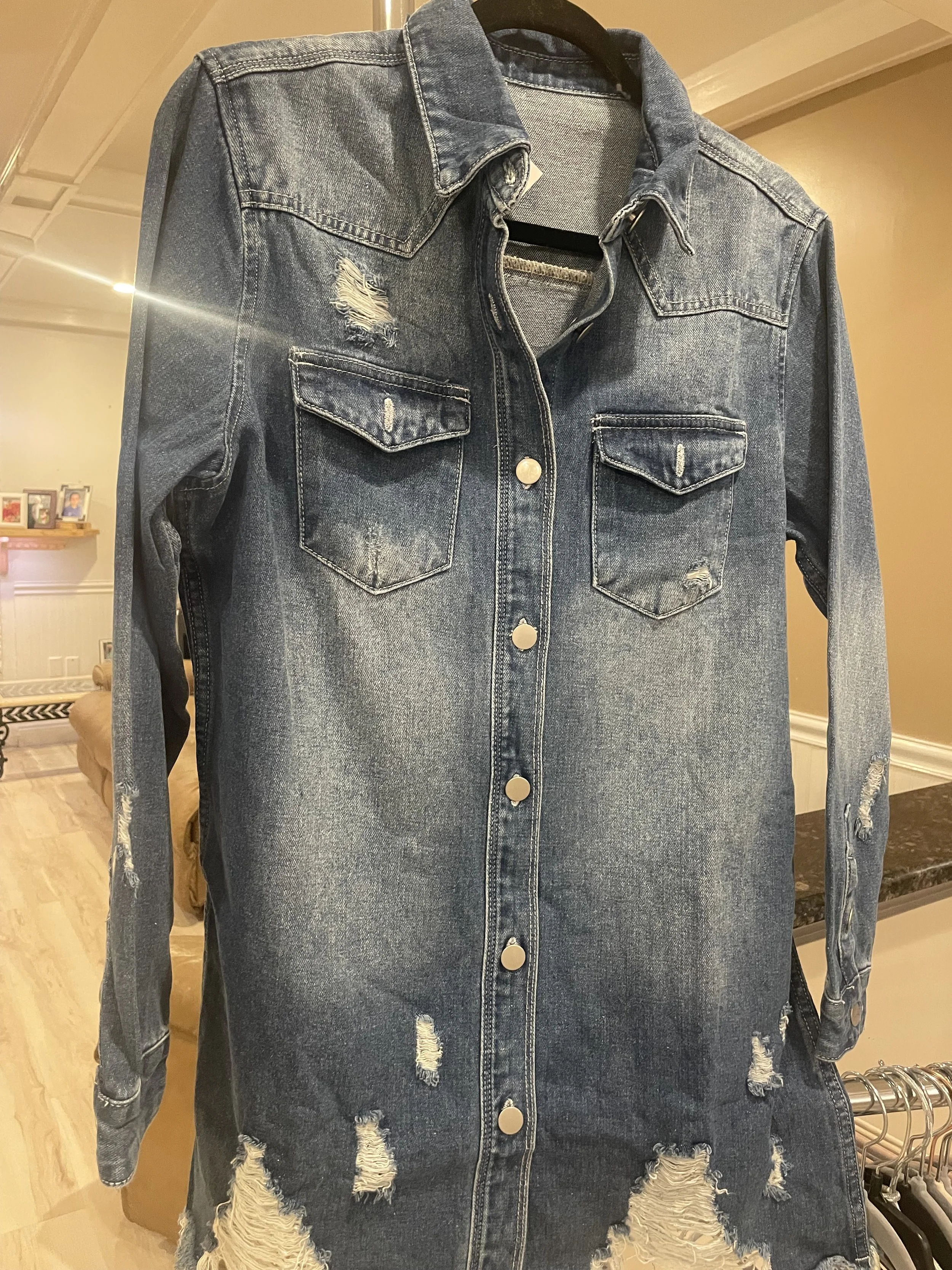 Distressed Denim Button Down 
$64  SIZES: MD, LG, XLG
SALE PRICE $32