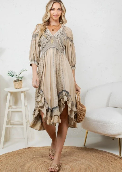 Sheer & Elasticated V-Neck Dress
Color- Latte 
Sizes: S,MD,LG,XLG   #90-632FS
$68