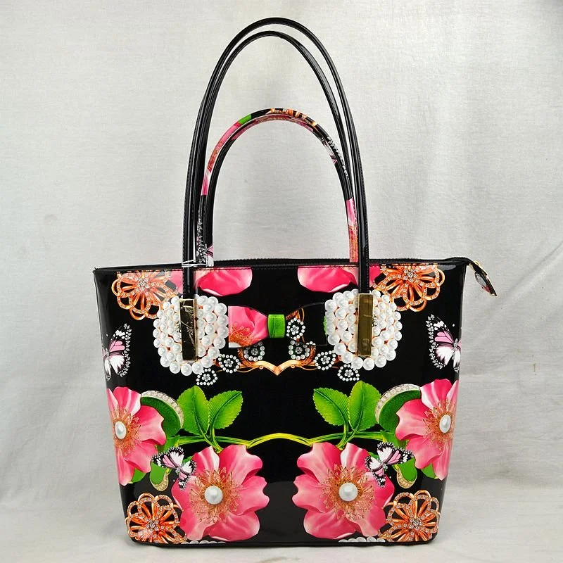 2 in 1 Large Black Patent Leather with pink floral design   $40