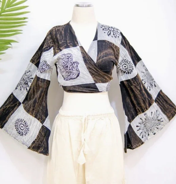 Patchwork Cotton Bell Sleeve 
Wrap Top  #907151FS
$34  Free Size