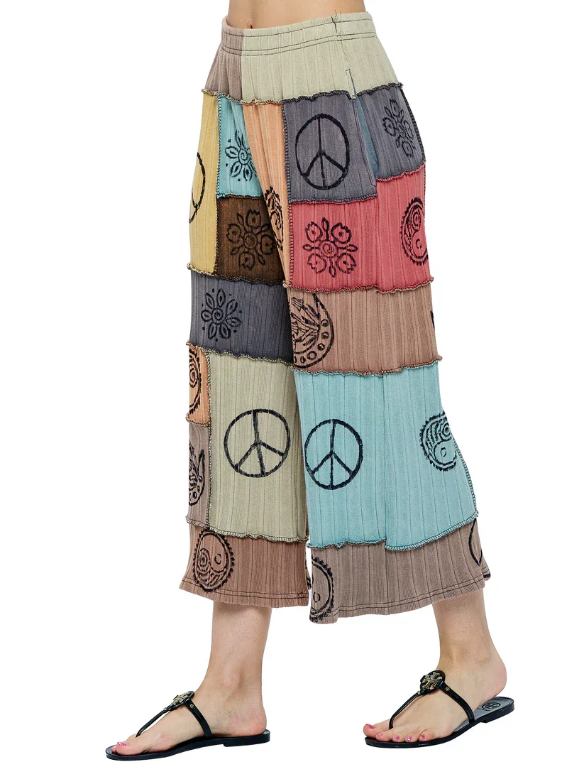 Pants Hippie Patchwork Multi Color Hand Printed Midi  #90621PS3
$48