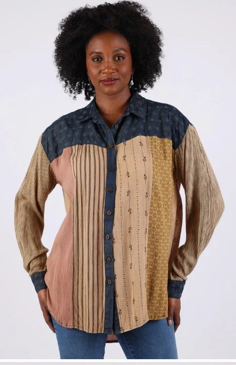 Vintage Denim Patch Button Down Shirt
 (Sun Drift Sepia) Sizes: S, MD, LG, XLG
(#90-621FS)
$42
