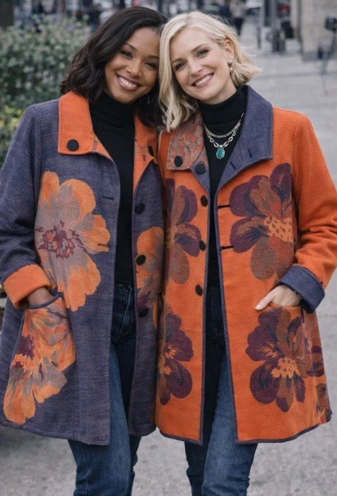 Winding River
This beautiful sweater coat with floral brocade like pattern has 2 side pockets and is reversible. Has a soft cashmere like feel. Includes 4 large buttons on each side. Has a roll down collar.
$95  (s, m, lg)  #205-55FS