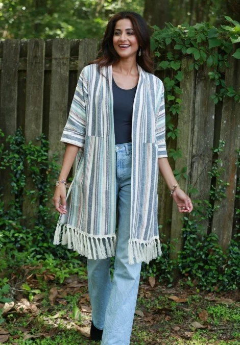 Baja Blue Striped Cardigan: 3/4 Sleeve with Tassels  #90-626FS
 SIZE: ONE SIZE
$58
