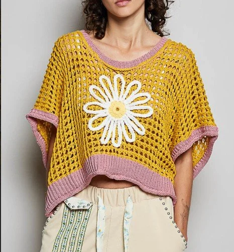 POL Brand
Lightweight knit. The design is accented with a handmade floral detail and finished with a subtle rolling edge,  
SIZES: S, MD, LG  #906-22FS
$48  COLORS: Mustard with mauve trim and white flower