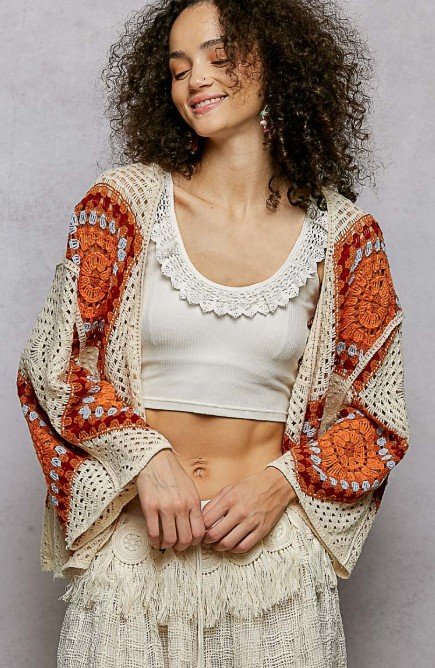 POL Brand
Designed in 3/4 sleeve roomy fit open style cardigan in crochet with granny square pattern.  SIZE: OS #906-015FS
$36