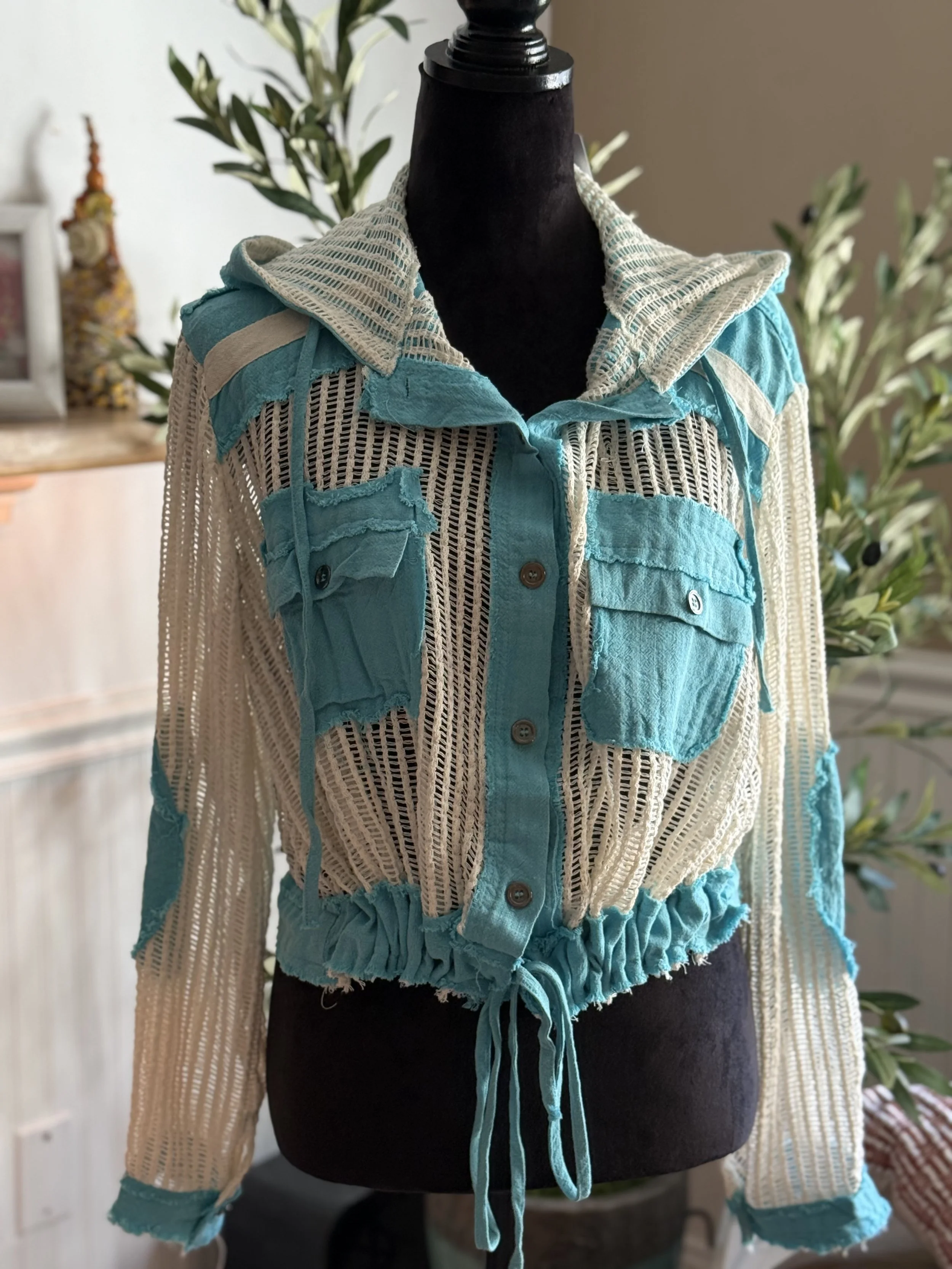 POL
White Mesh with turquoise Trim.
Hooded button up light Jacket
$48  (s, m, lg)        #90423FS