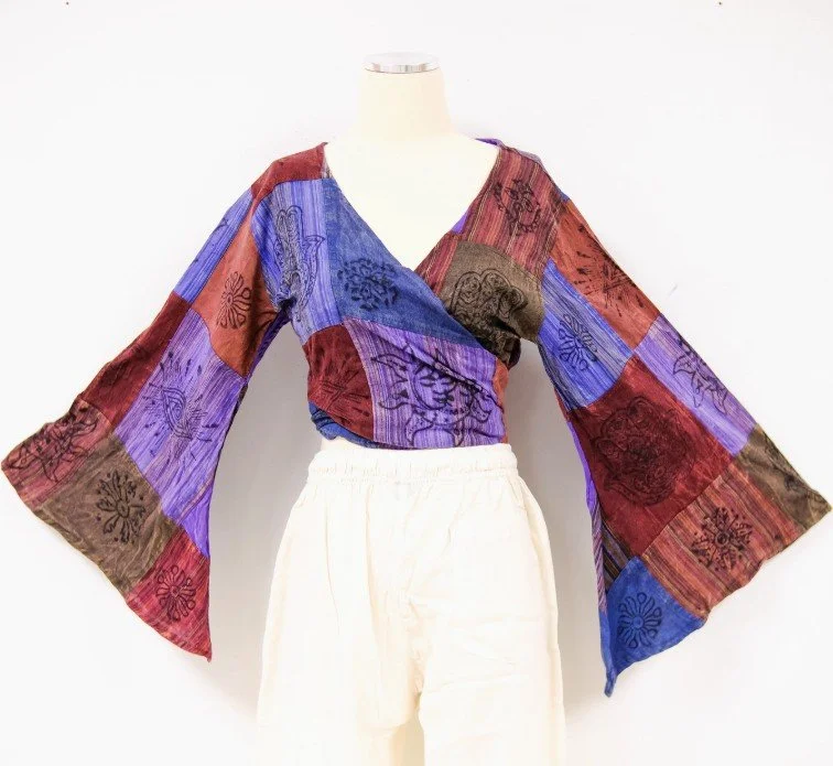 Patchwork Cotton Bell Sleeve 
Wrap Top  #907151FS
$34  Free Size