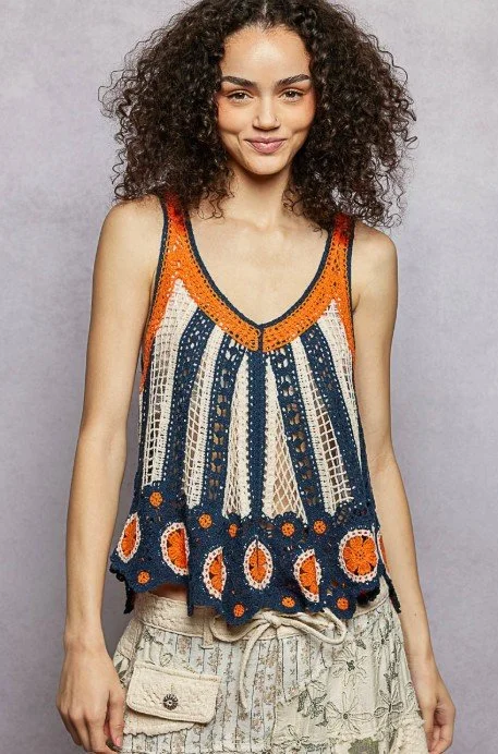 POL Brfand
Designed in V neck  sleeveless flowy fit top in crochet with scalloped edge,  contrast color mix, stripe pattern and  border weave pattern accent.  OS  #900-609FS
$24  Colors: Navy, Orange and White
